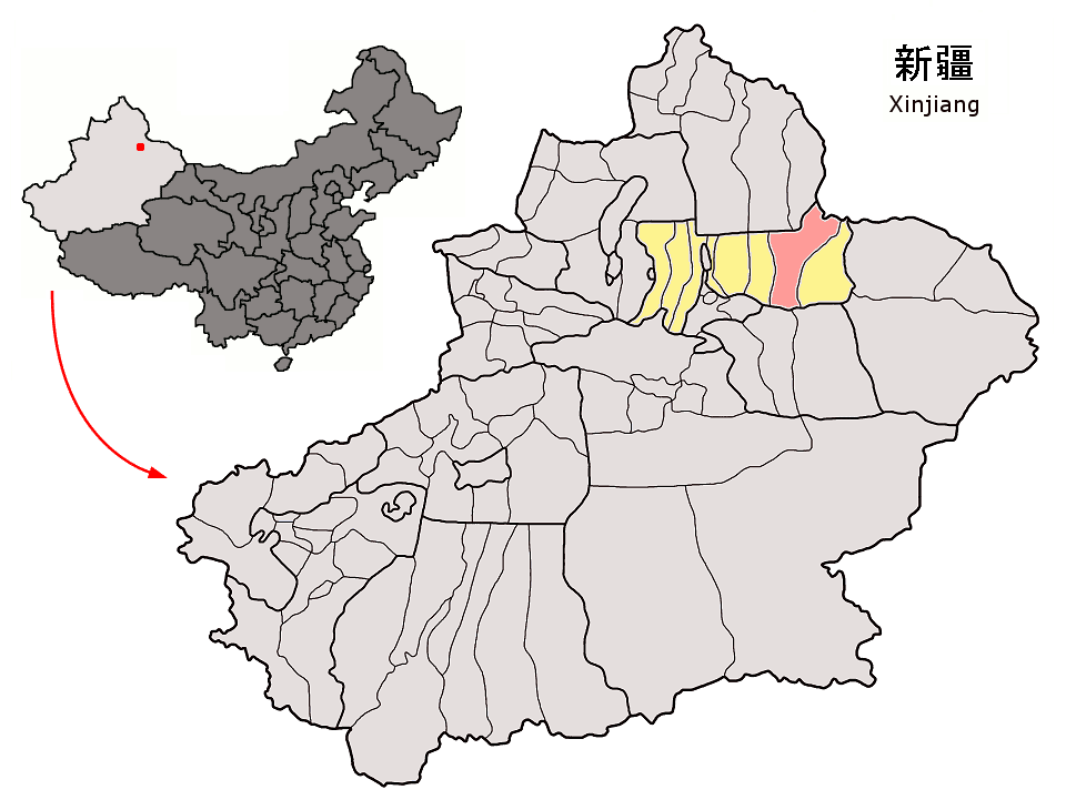 Location of Qitai County (pink) and Changji Prefecture (yellow)…