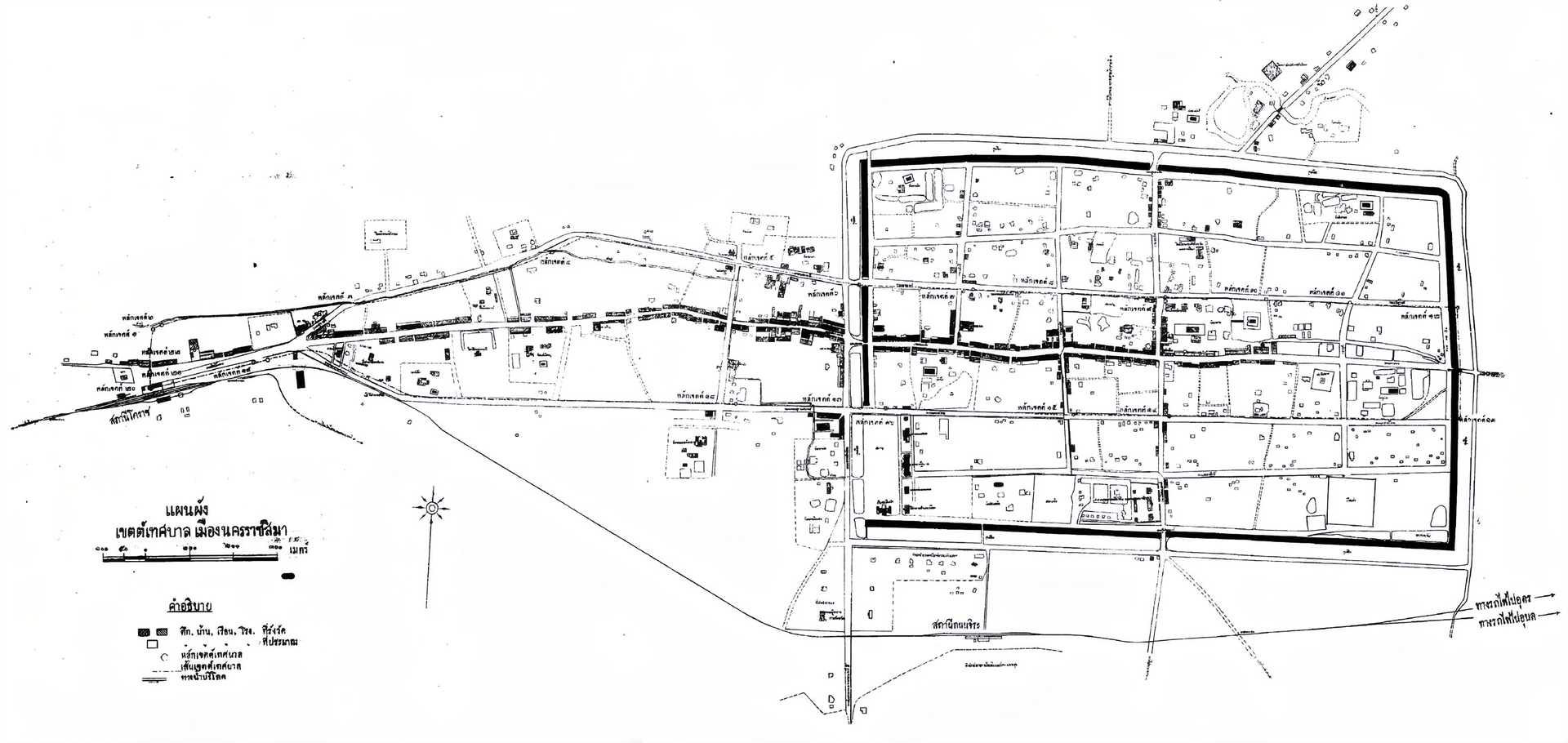 Old city map of Korat (Nakhon Ratchasima). It shows roads, city…