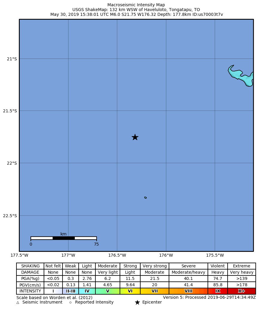 Shakemap from USGS for the magnitude 6.0, maximum intensity 3.7…