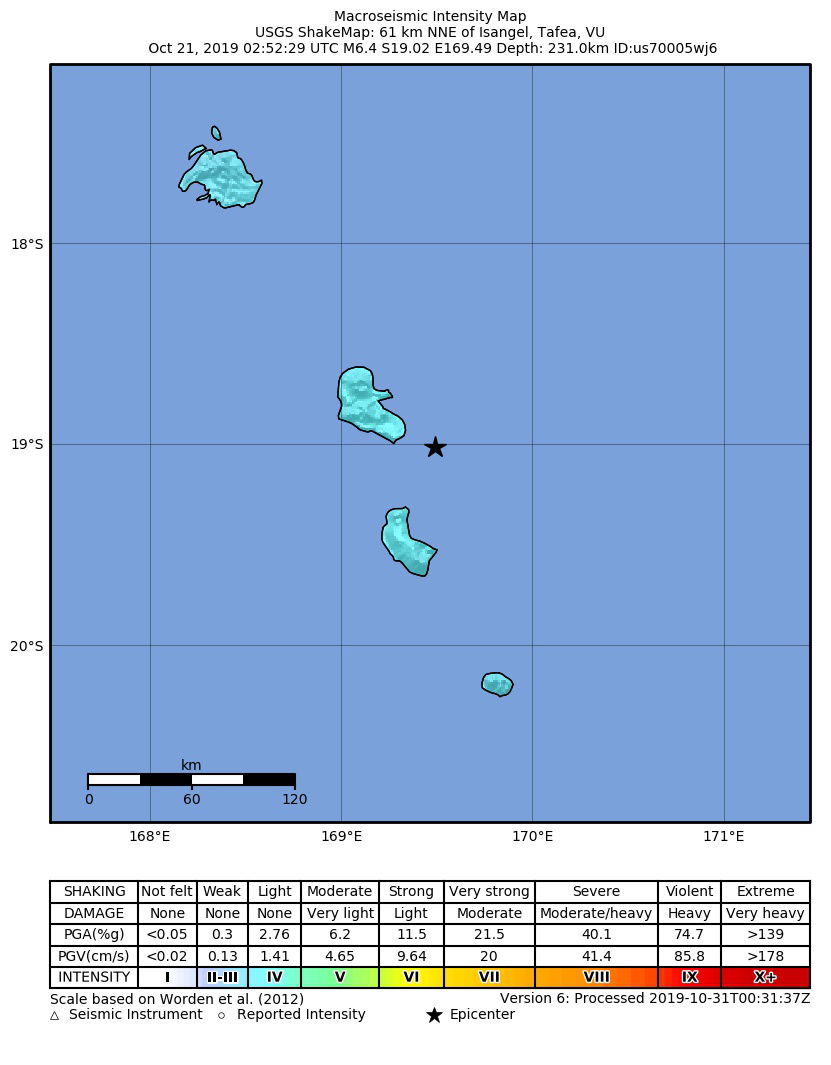Shakemap from USGS for the magnitude 6.4, maximum intensity 3.9…