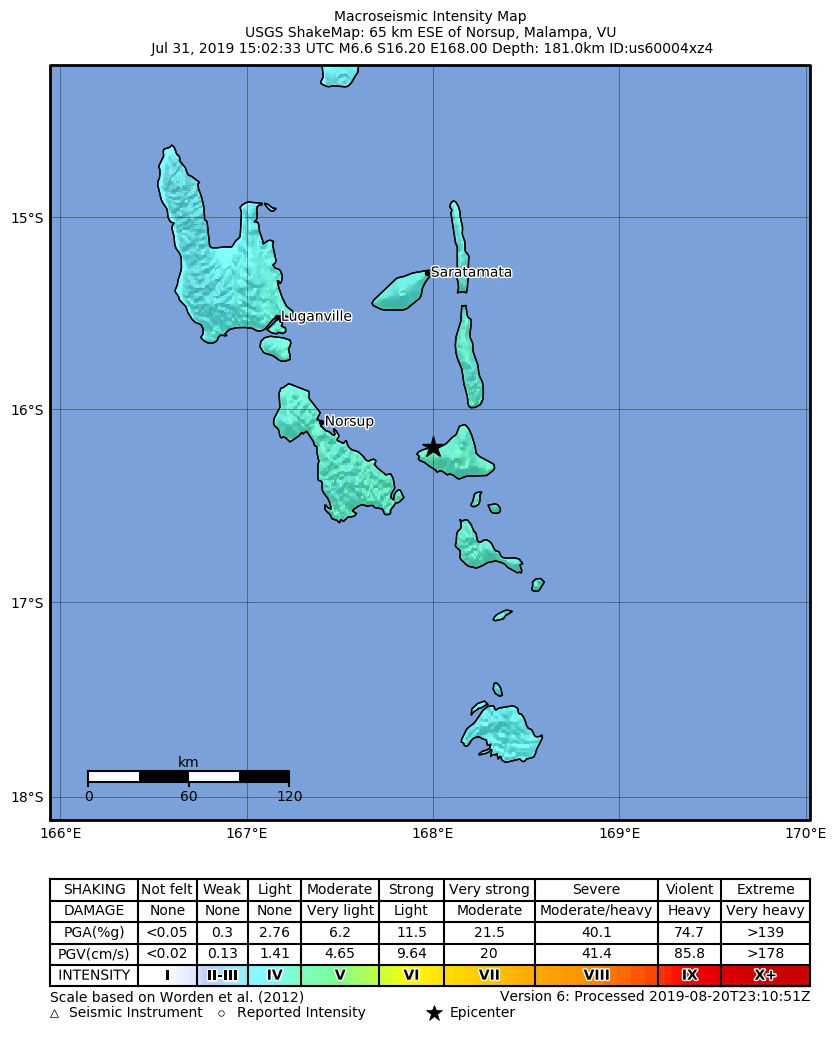 Shakemap from USGS for the magnitude 6.6, maximum intensity 4.5…