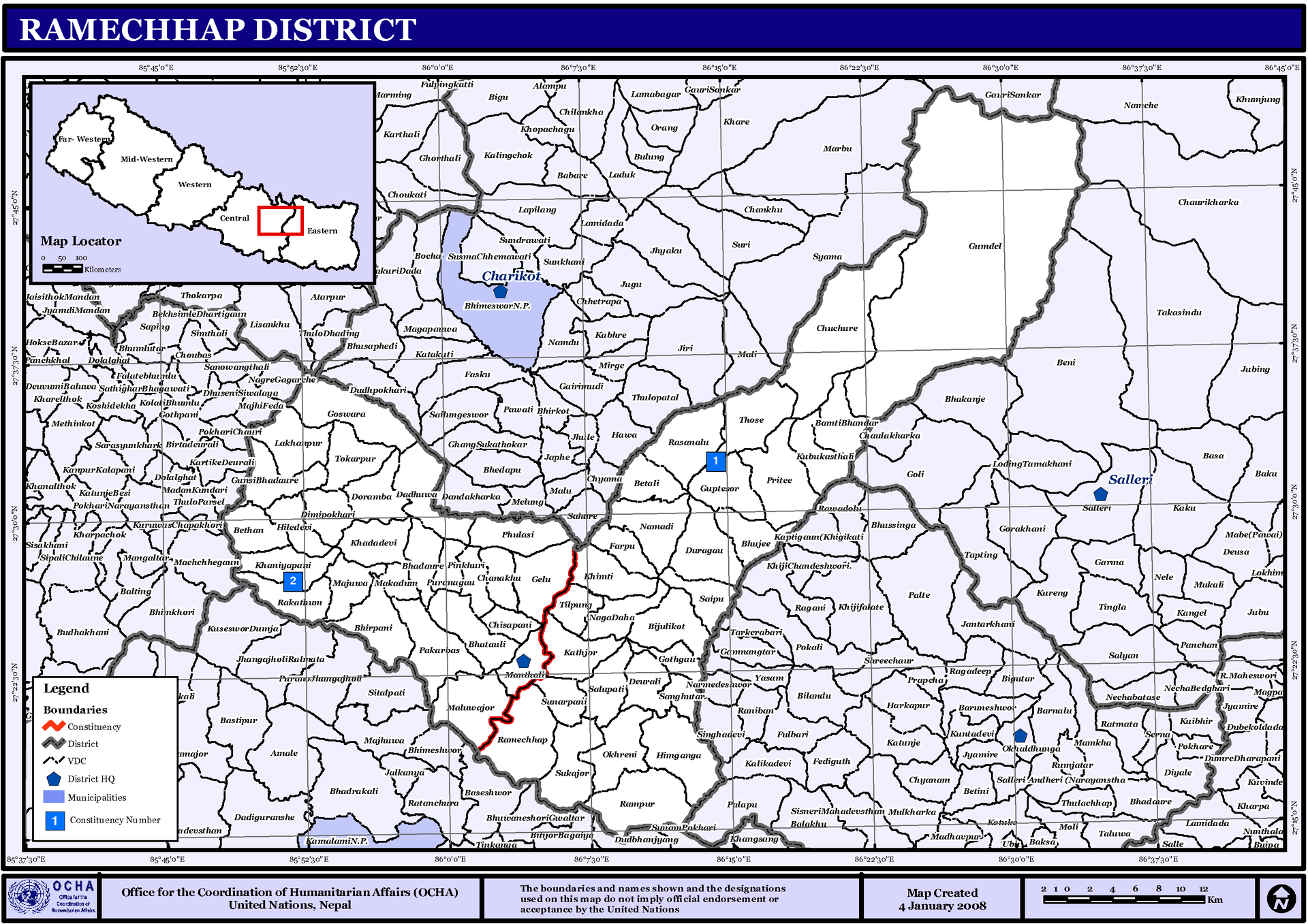 Map displaying Village Development Committees in Ramechhap Dist…