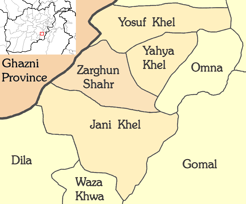 Map showing borders of Zarghun Shahr District of Paktika Provin…