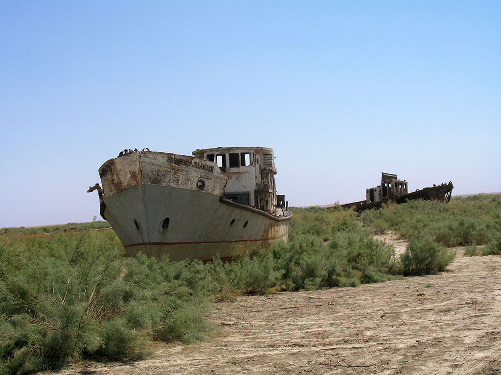 Orphaned ships in the former Aral Sea harbor of Mo‘ynoq, Uzbeki…