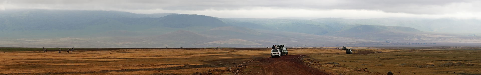 Inside the Ngorongoro crater, tourists looking at animals. The …