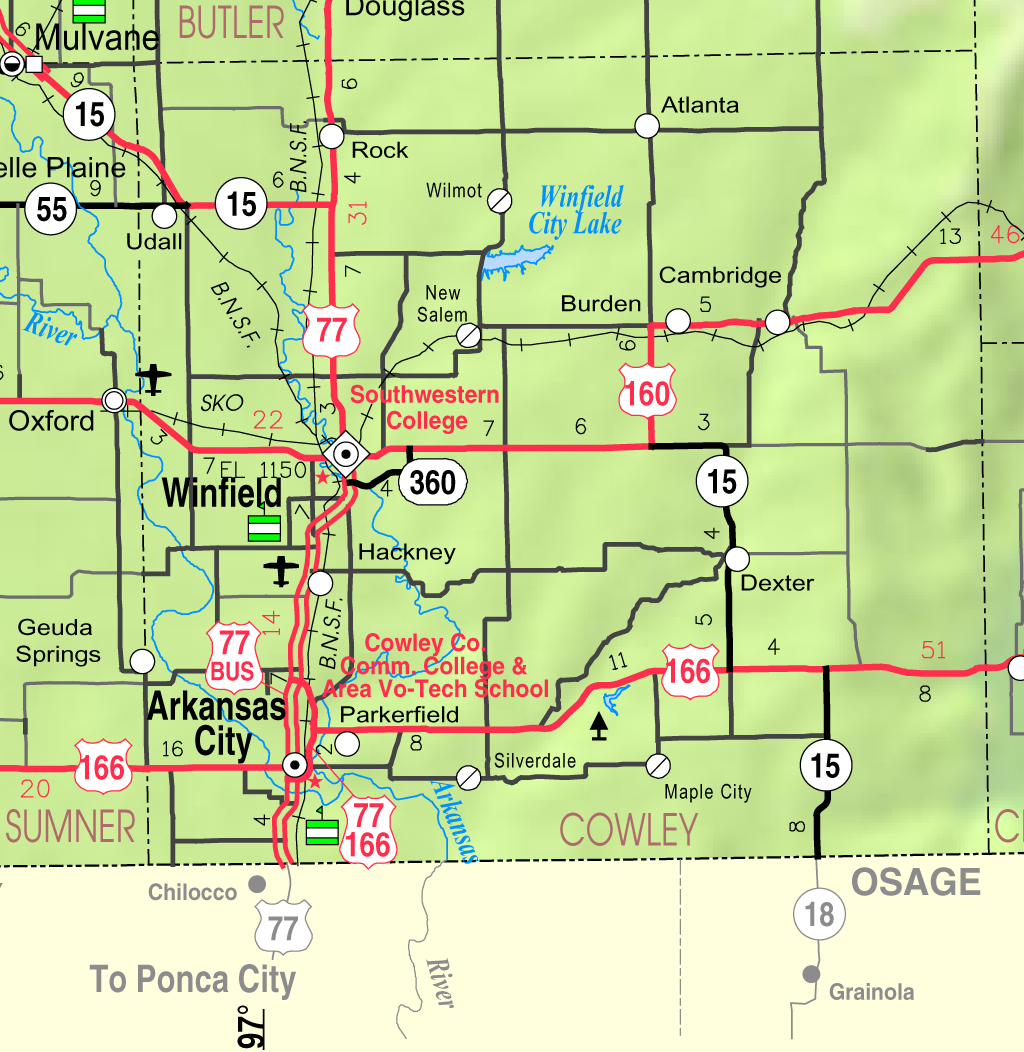 Map of Cowley County, Kansas, USA