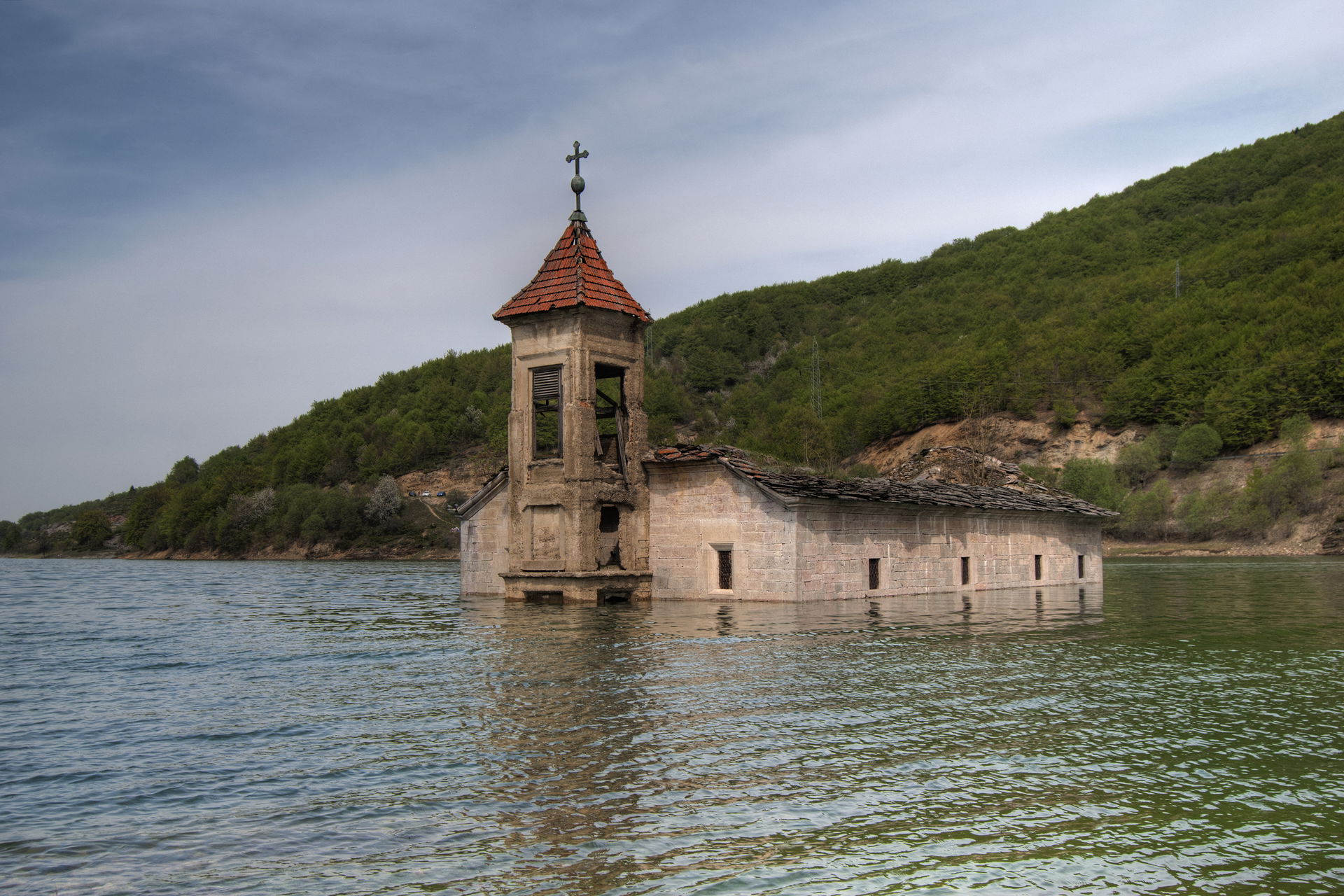 The submerged St. Nicholas Church in Mavrovo, North Macedonia. …