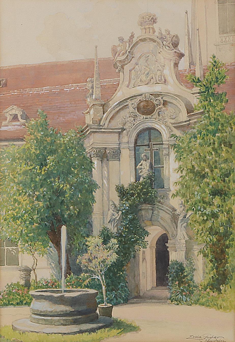 Dürnstein, Hof und Pforte der Stiftskirche, signeirt und betite…
