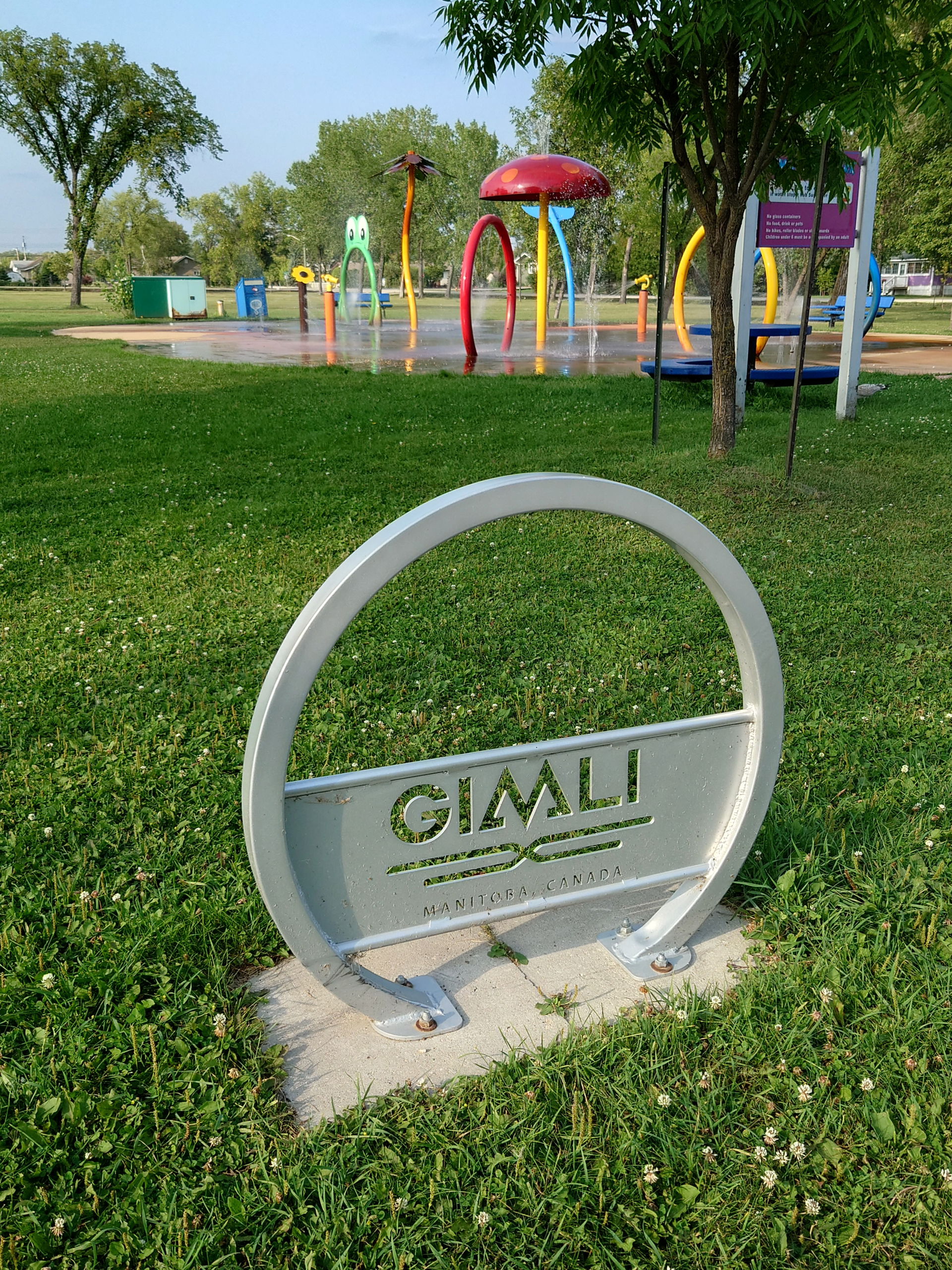 Gimli, Manitoba, sign near the splash pad.