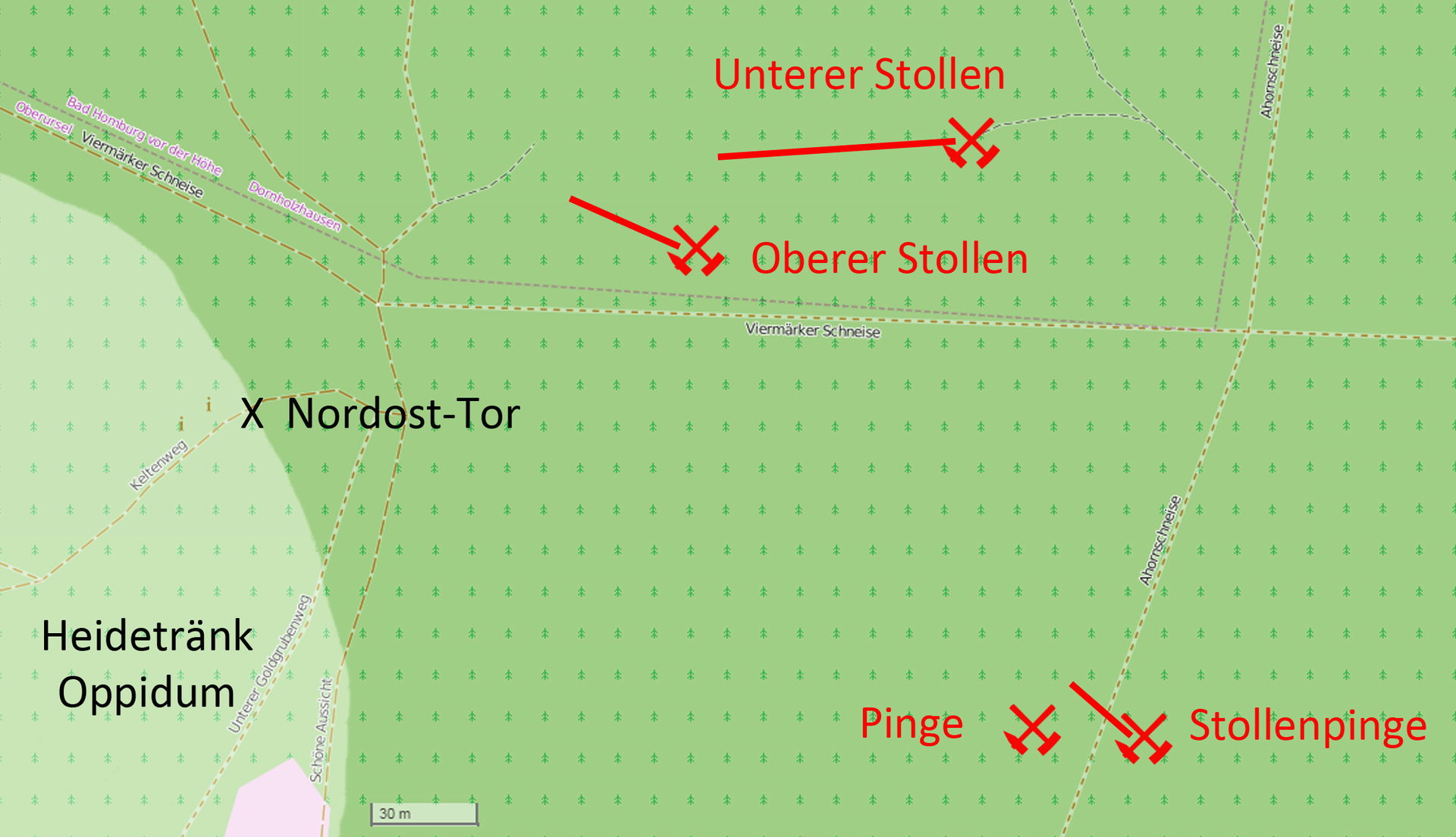 Mine Goldgrube near Bad Homburg. Position of adits and of nearb…