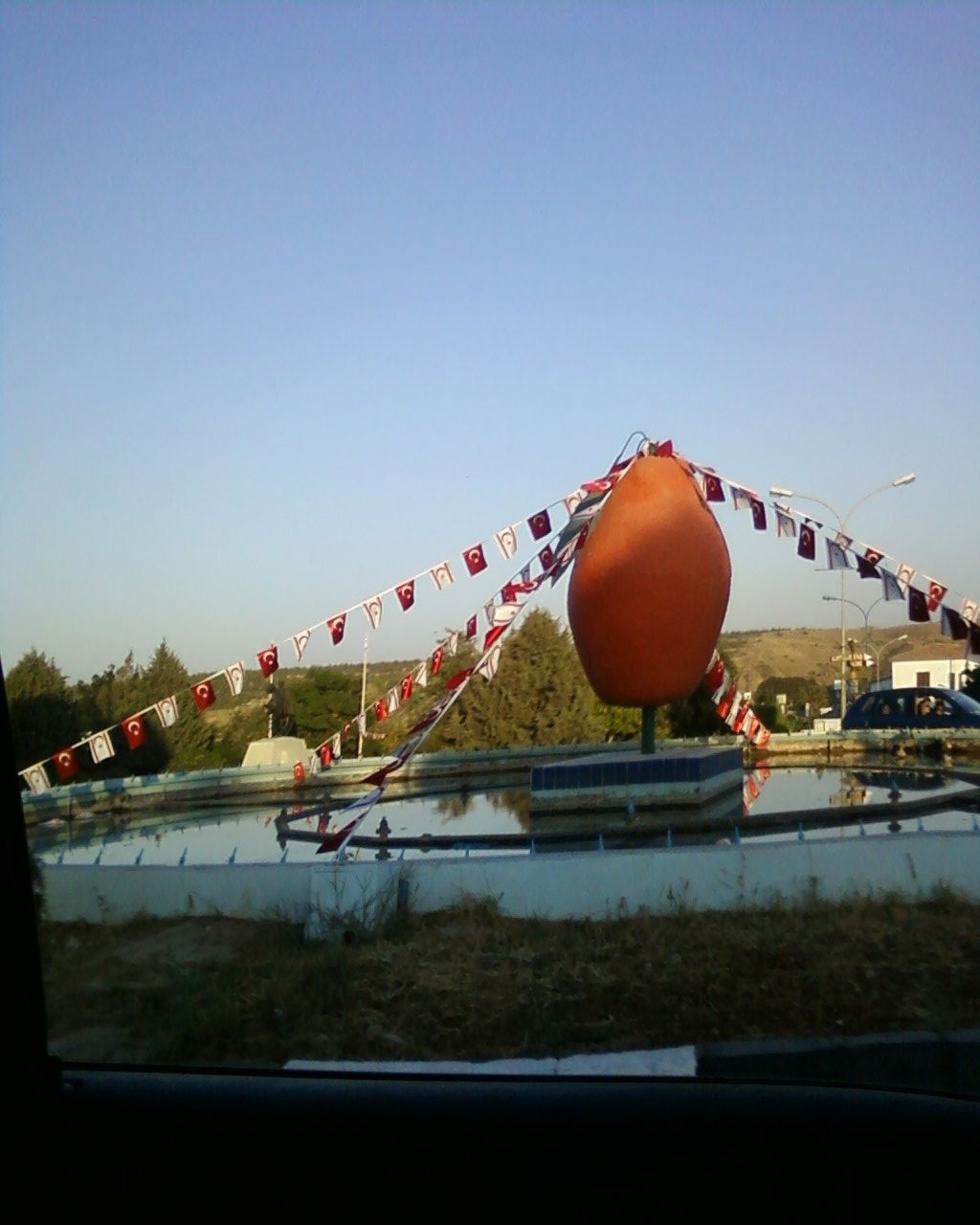 The orange monument in the centre of Lefka.