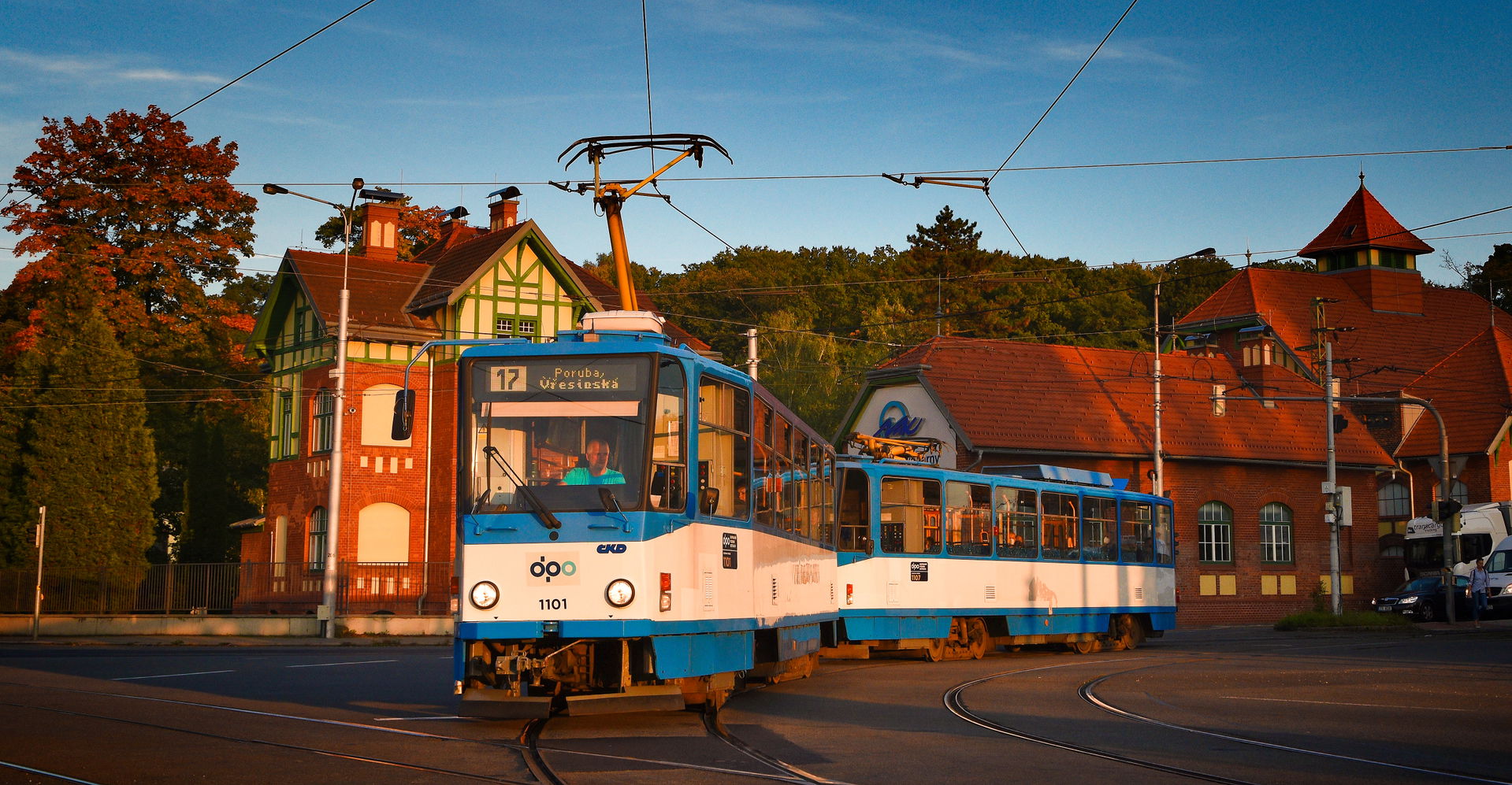 Tatra T6A5 in Ostrava during sunset