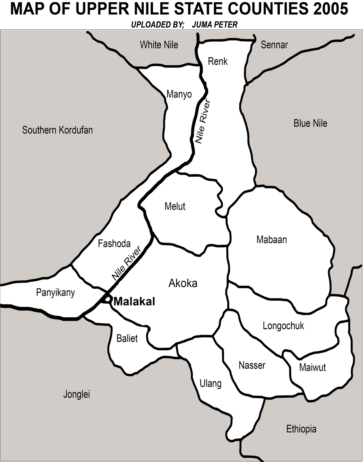 Map of Upper Nile State Counties (2005) – Shows the county boun…