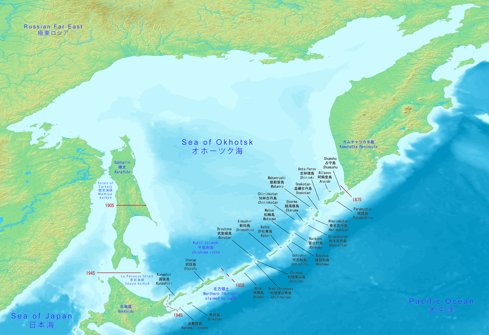 Big map has the full Sea of Okhotsk with Hokkaido, Kuril island…