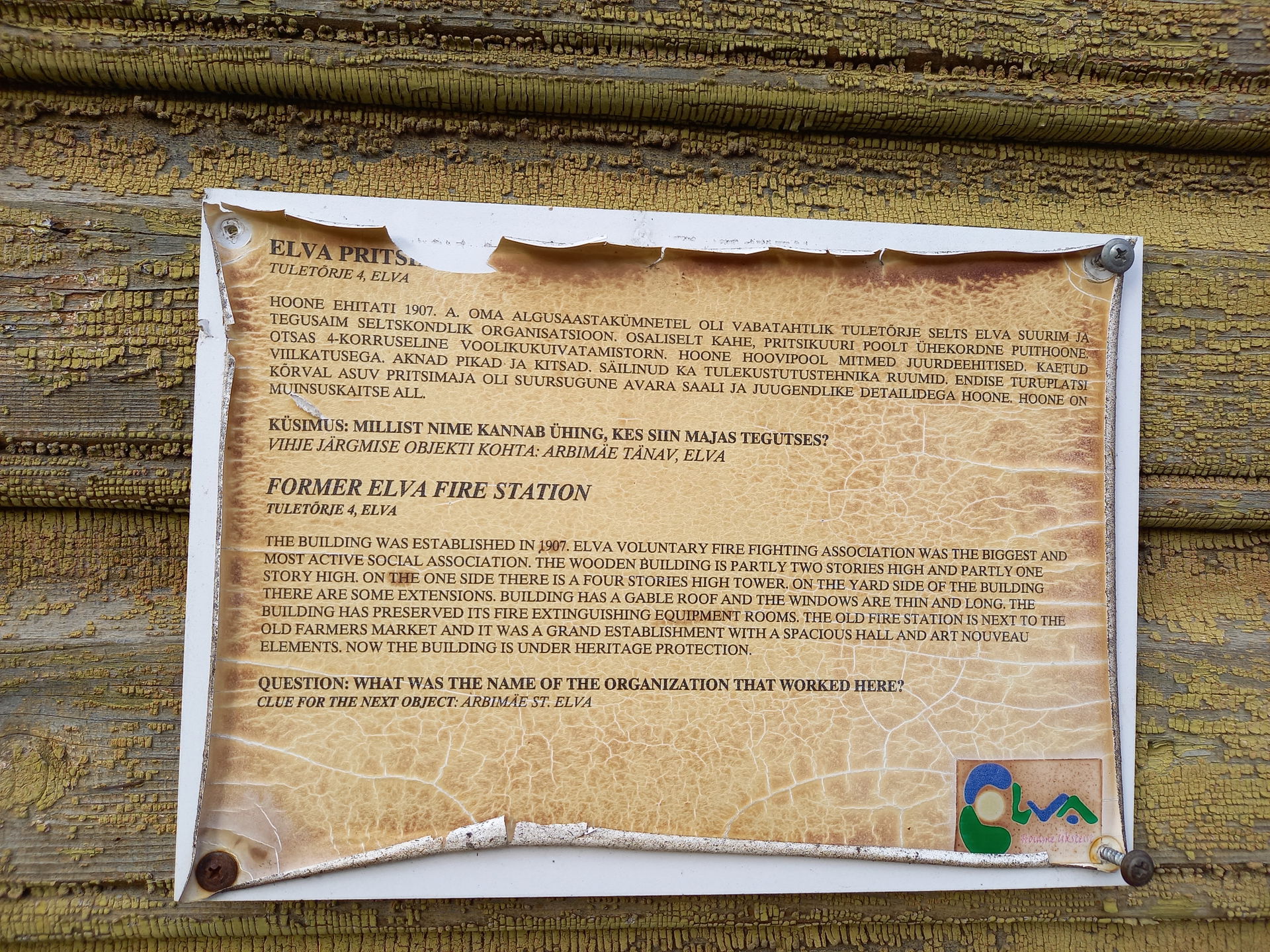 Elva old fire station information board/sign, before burning do…