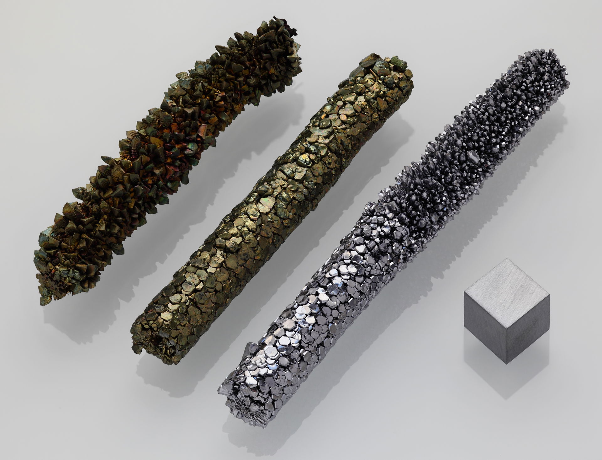 Purest Vanadium 99.9%, three samples of a crystal bar showing d…