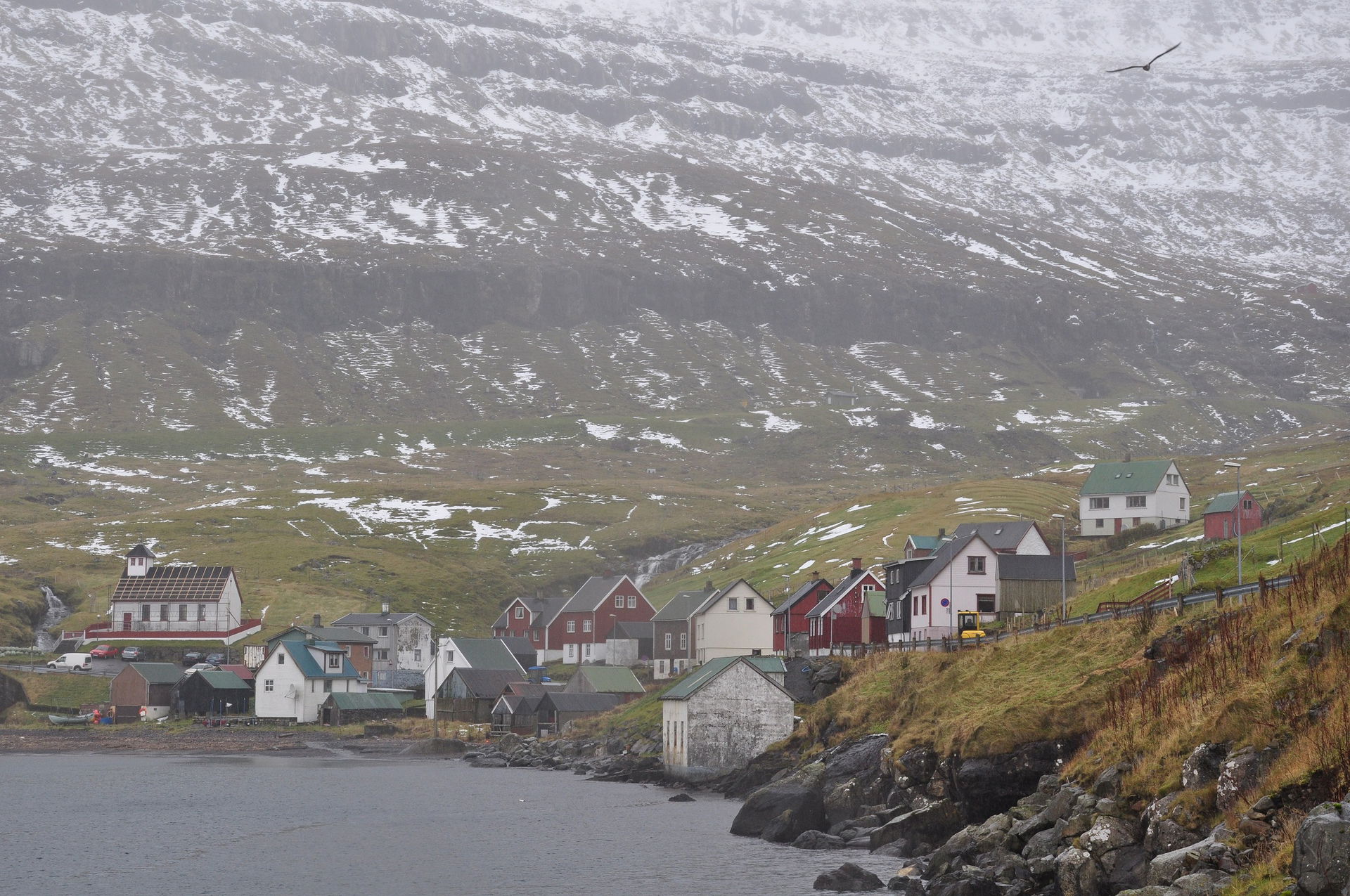 Árnafjørður in the rain, seen from the harbour (Borðoy, Faroe I…