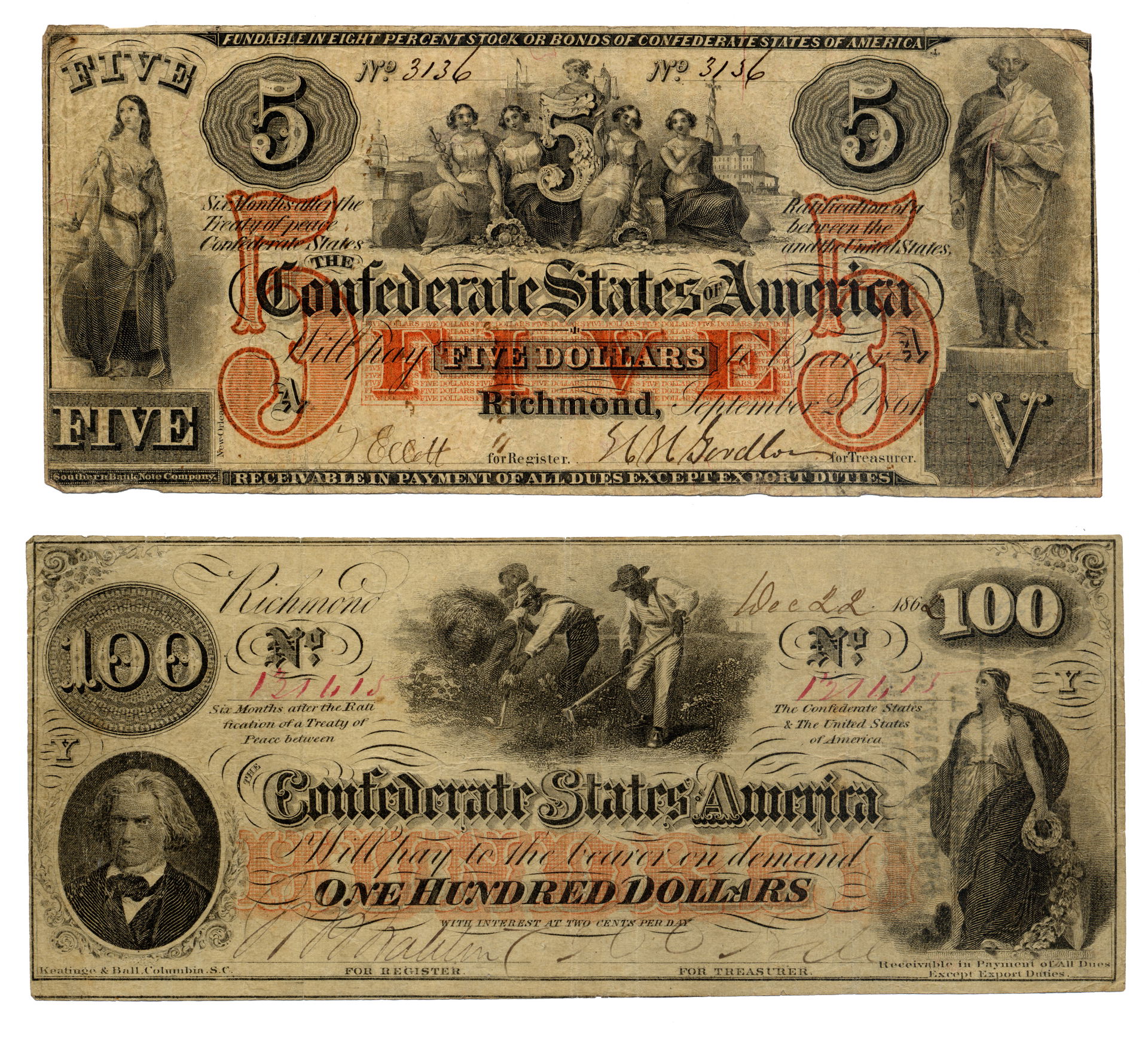 A five and one hundred dollar Confederate States of America in…
