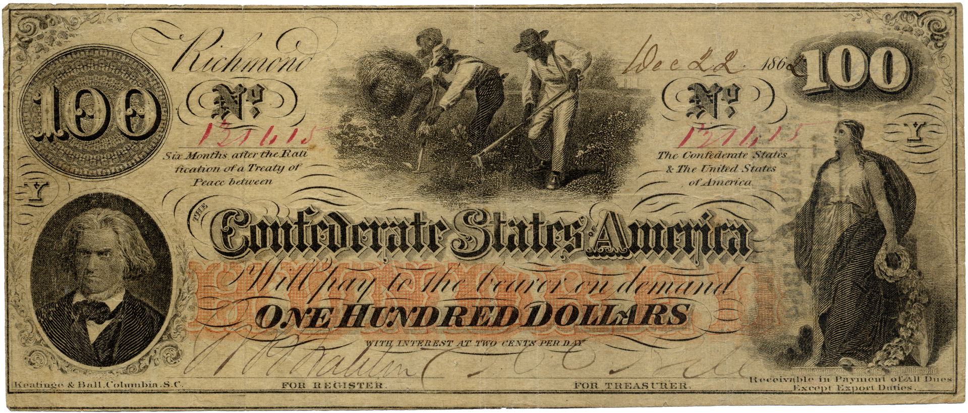 A One Hundred Dollar Confederate States of America banknote dat…