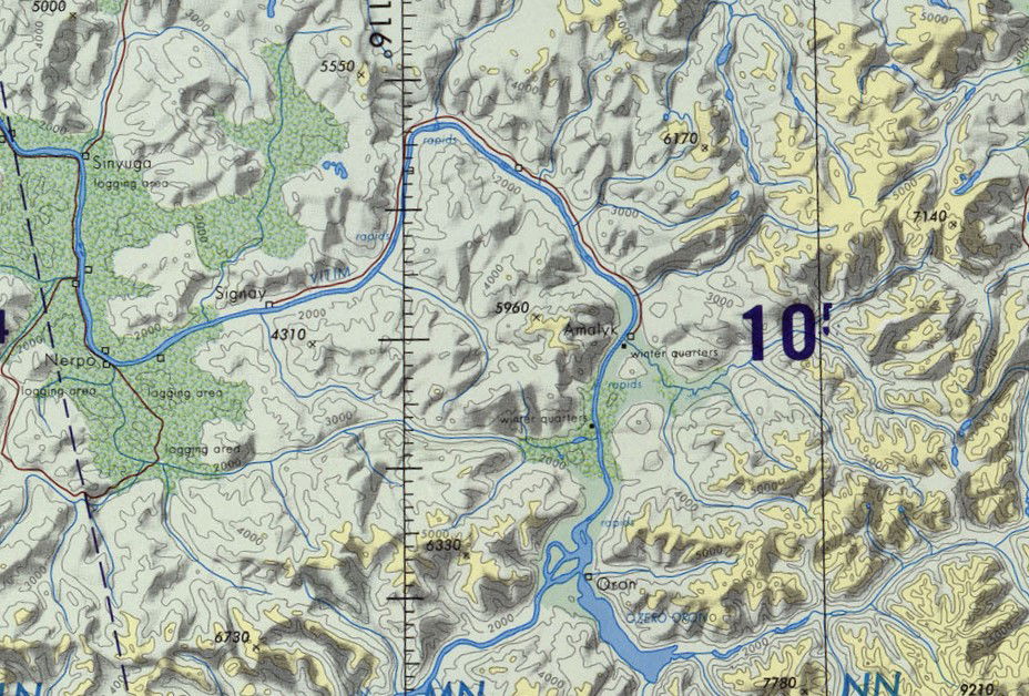 Delyun-Uran Gorges map section with lake Oron