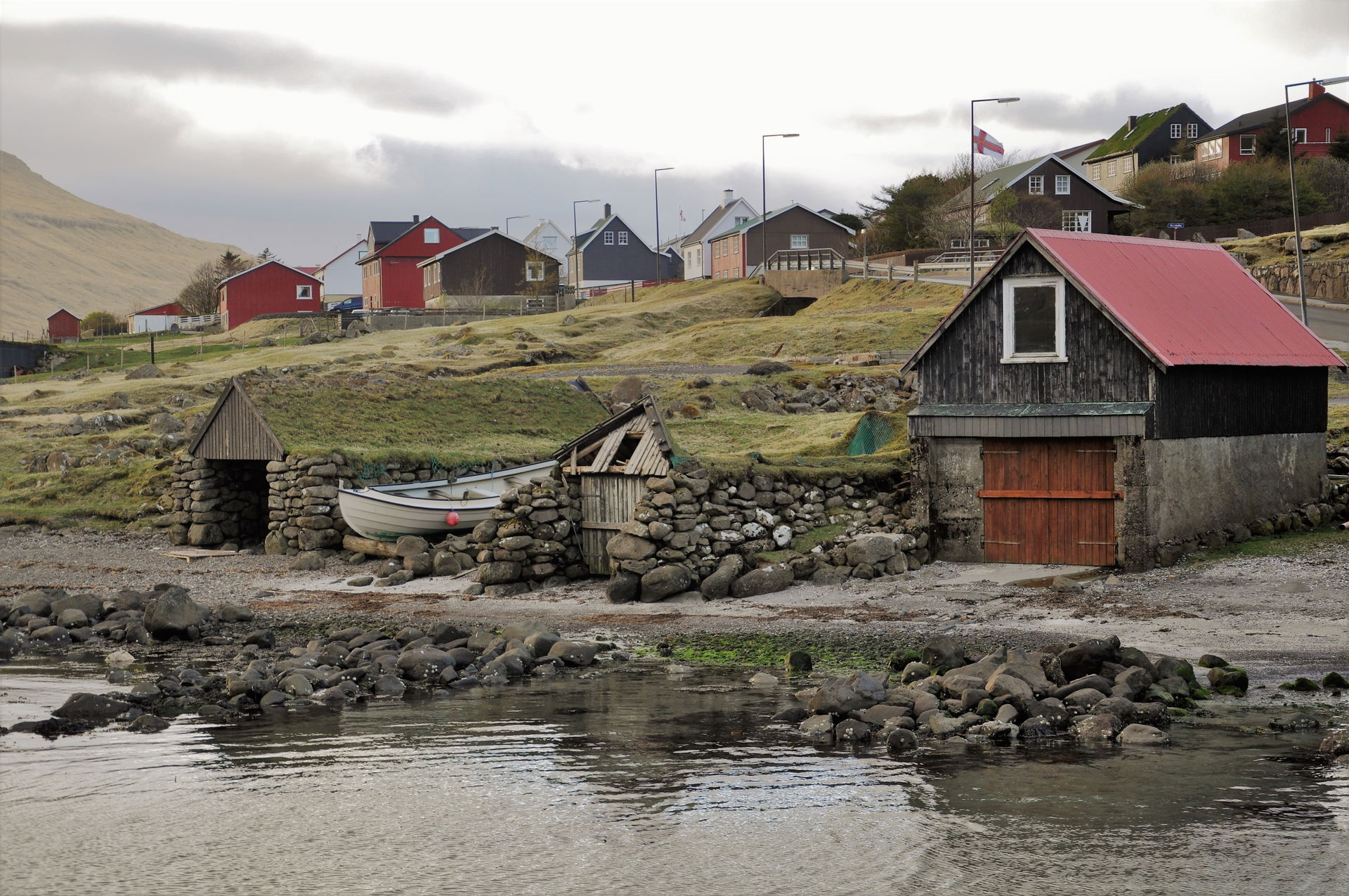 Boathouses in the old port of Oyri (on Eysturoy, Faroe Islands).