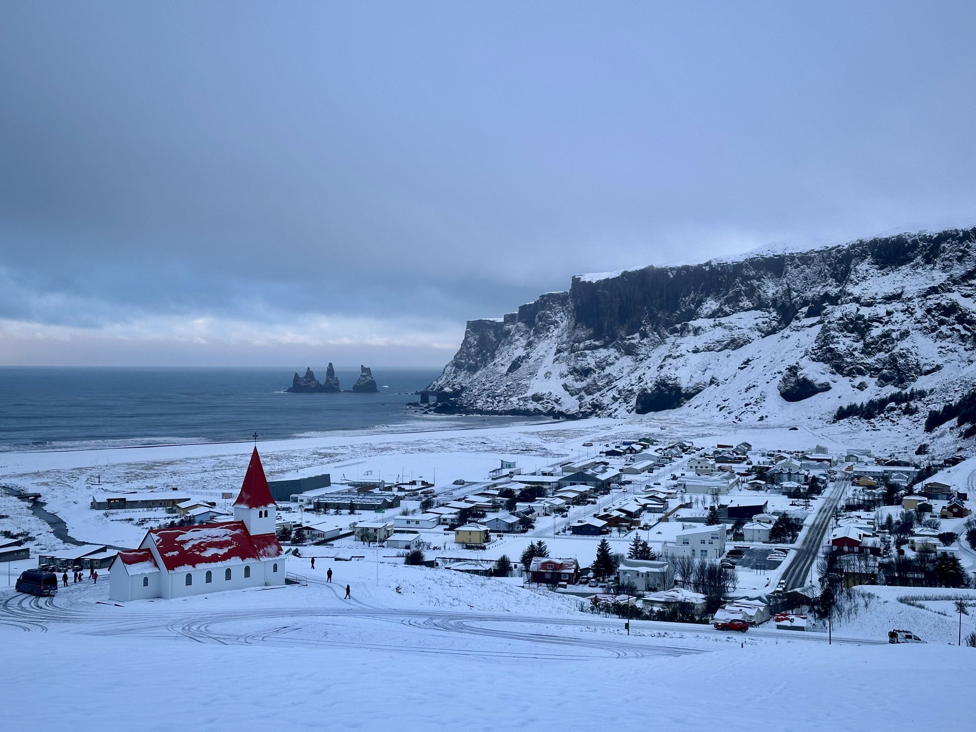 The calm Vík í Mýrdal town just before a storm