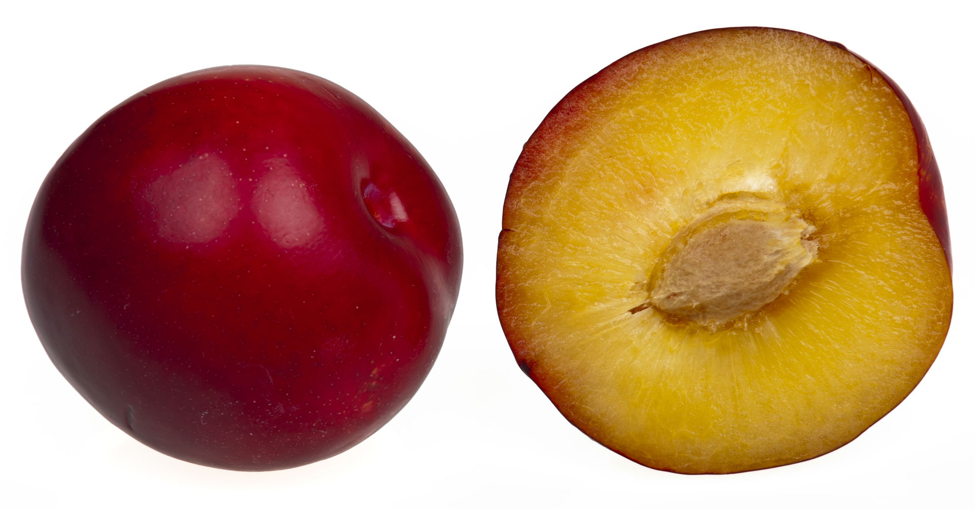 A plum shown whole and split, revealing the pit. These are fro…