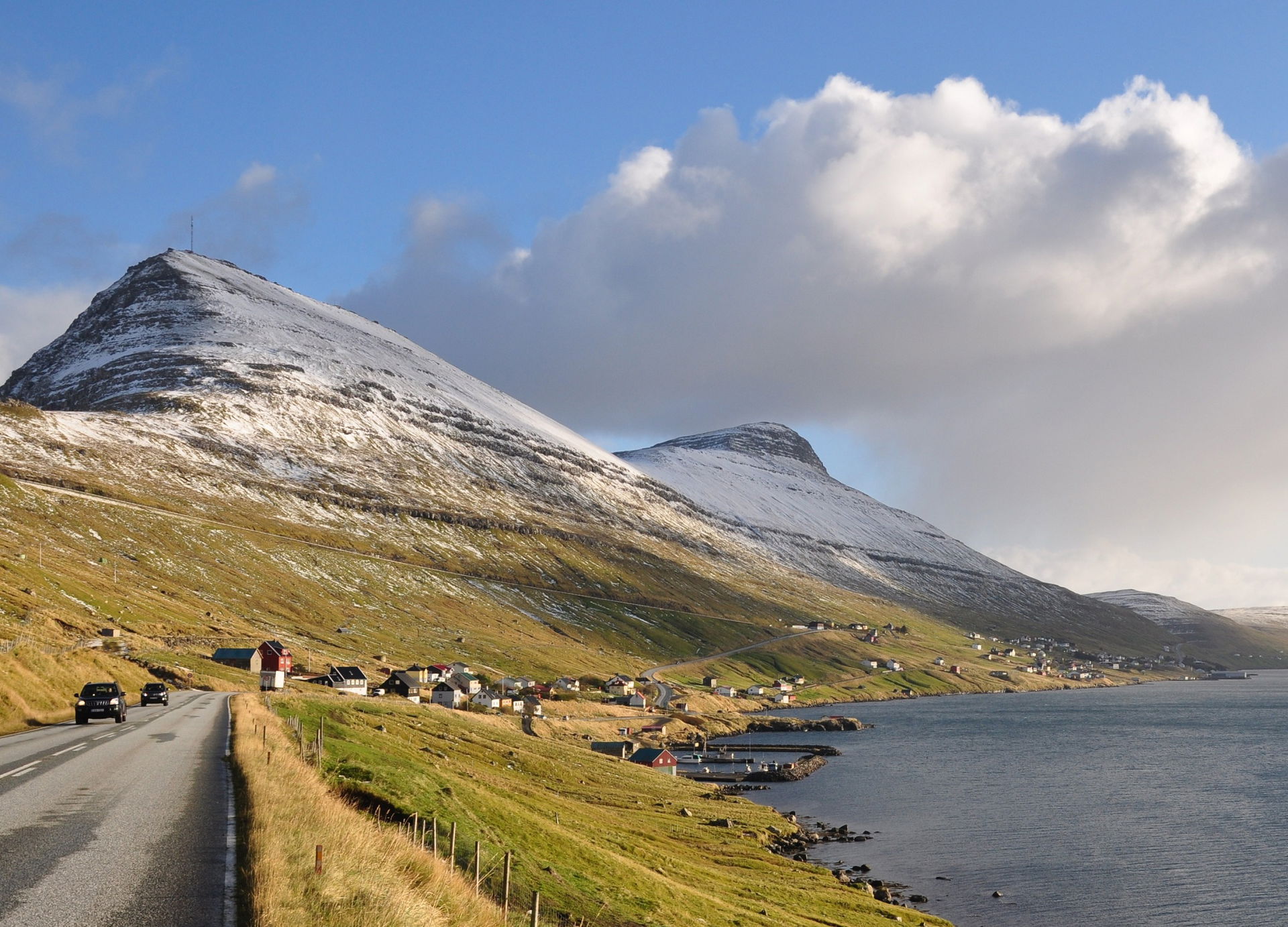 Approaching the villages of Undir Gøtueiði, Skipanes (seen as o…