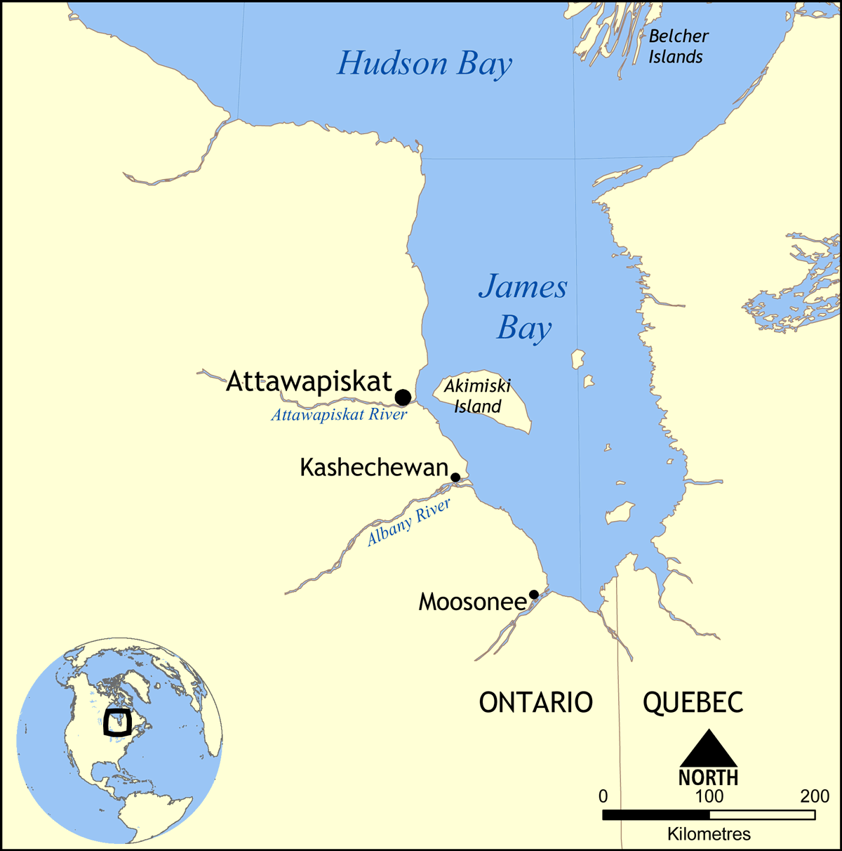 Map showing the location of Attawapiskat, a community on Attawa…