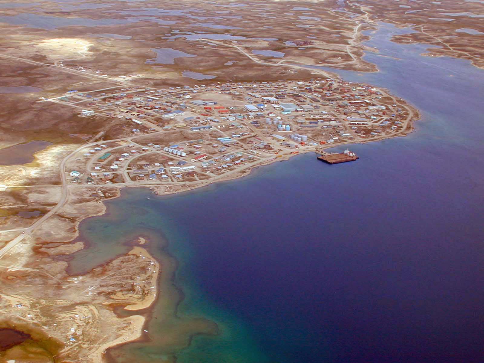 Aerial view of Cambridge Bay, Nunavut, Canada looking north. 12…