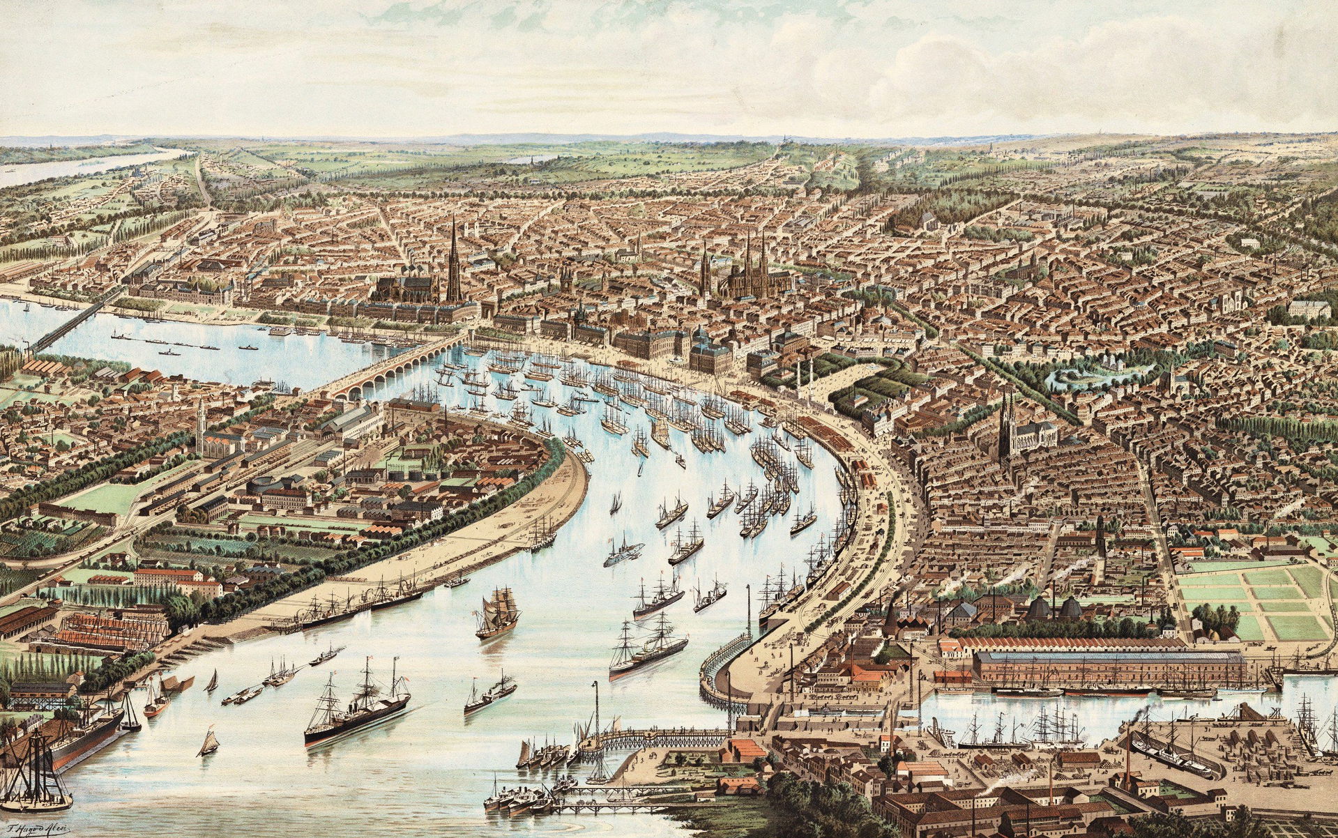 Hugo d'Alesi, Aerial view of Bordeaux, 1899, lithography. Archi…