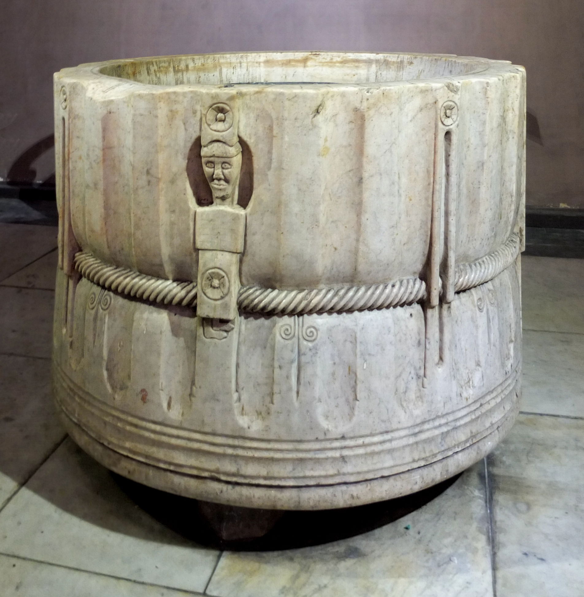 Baptismal font (11th century) in Perpignan Cathedral.