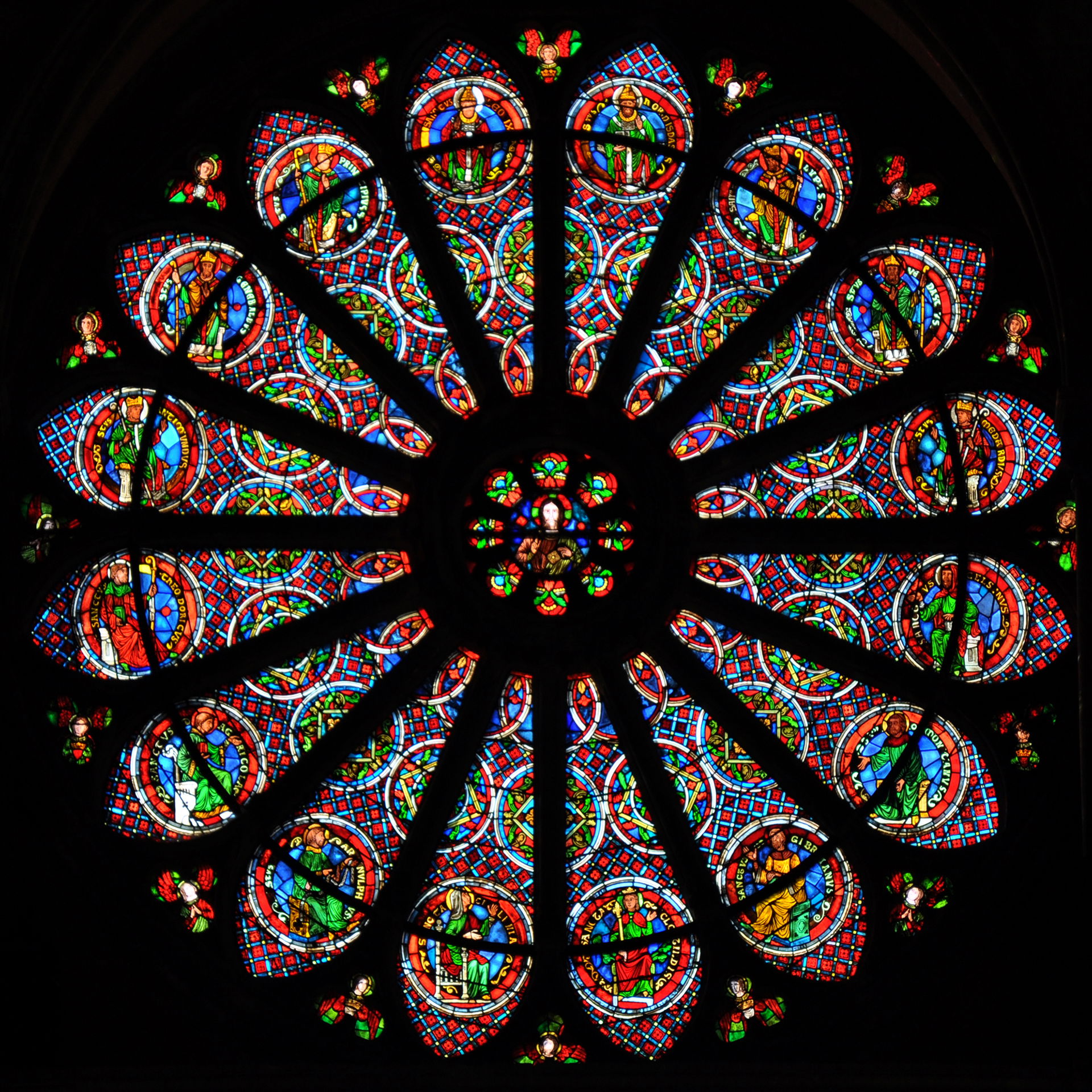 Western rose window of the Basilique Saint-Remi, Reims, France.…