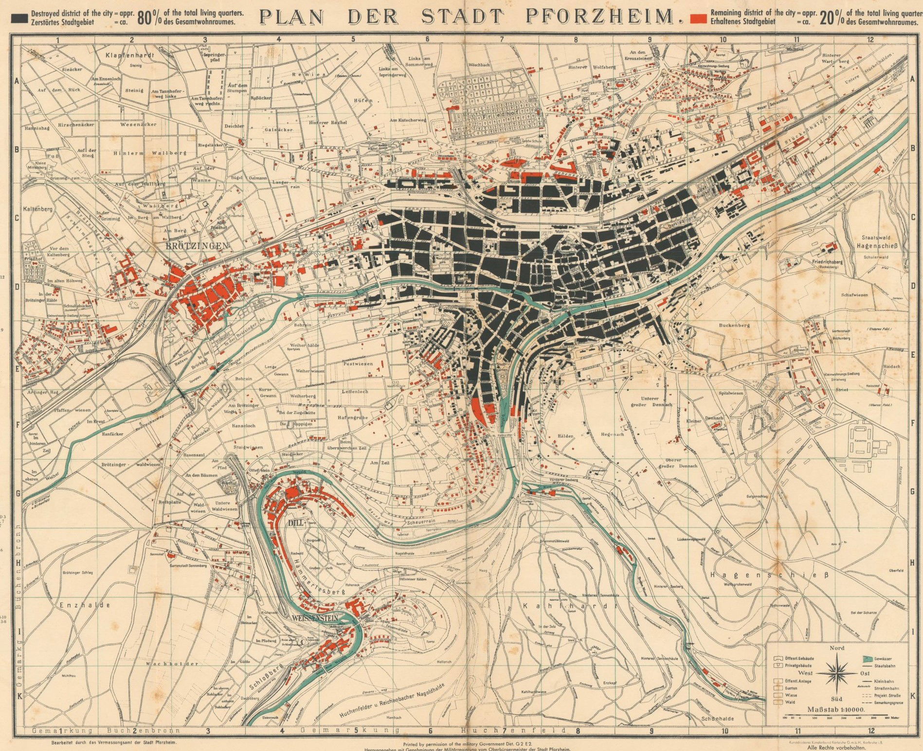 Old map of Pforzheim Germany