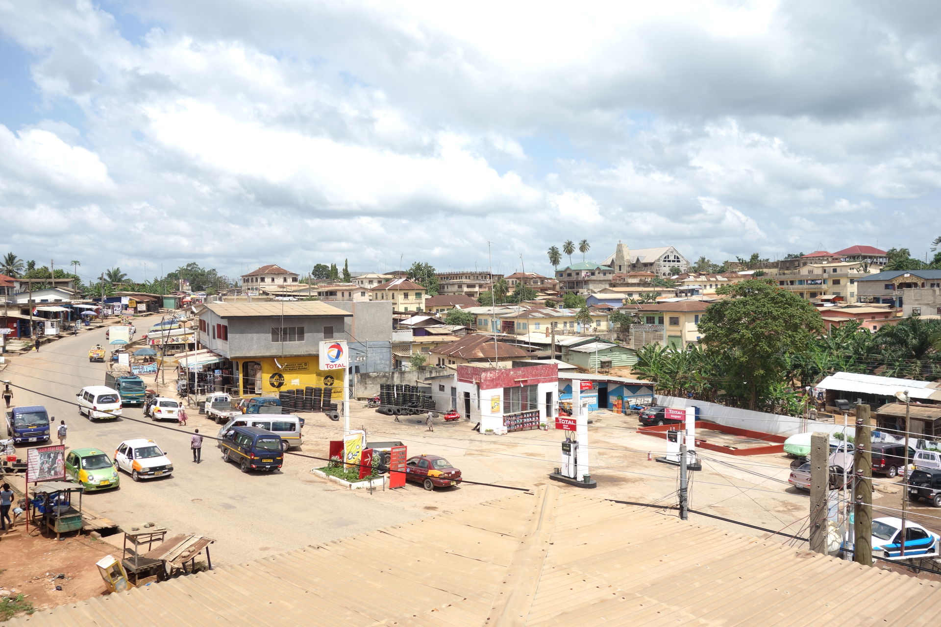 Skyline of Agona Swedru from Crockers Spot with the main street.