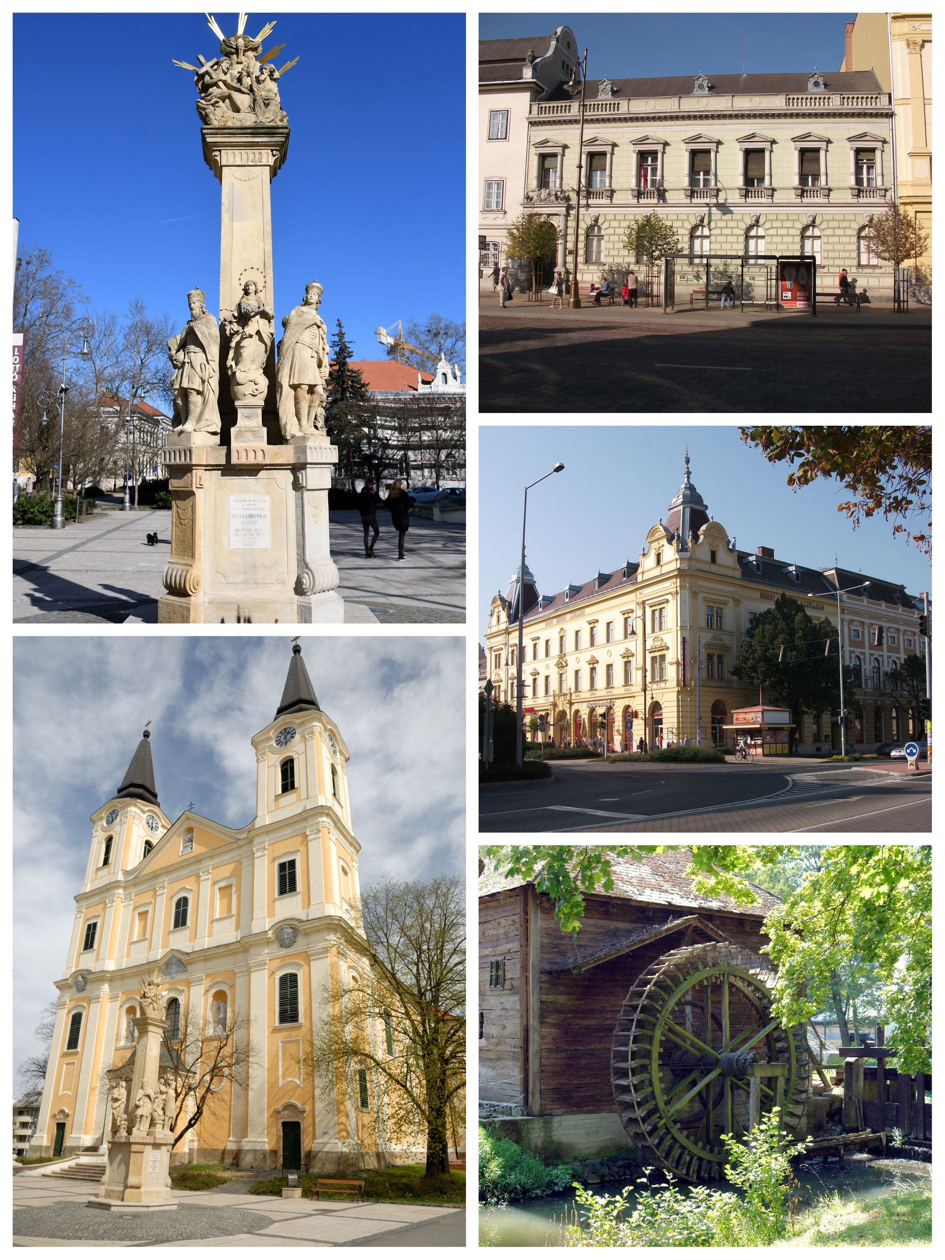 Fentről lefele, balról jobbra: Szentháromság-szobor , a Megyei …