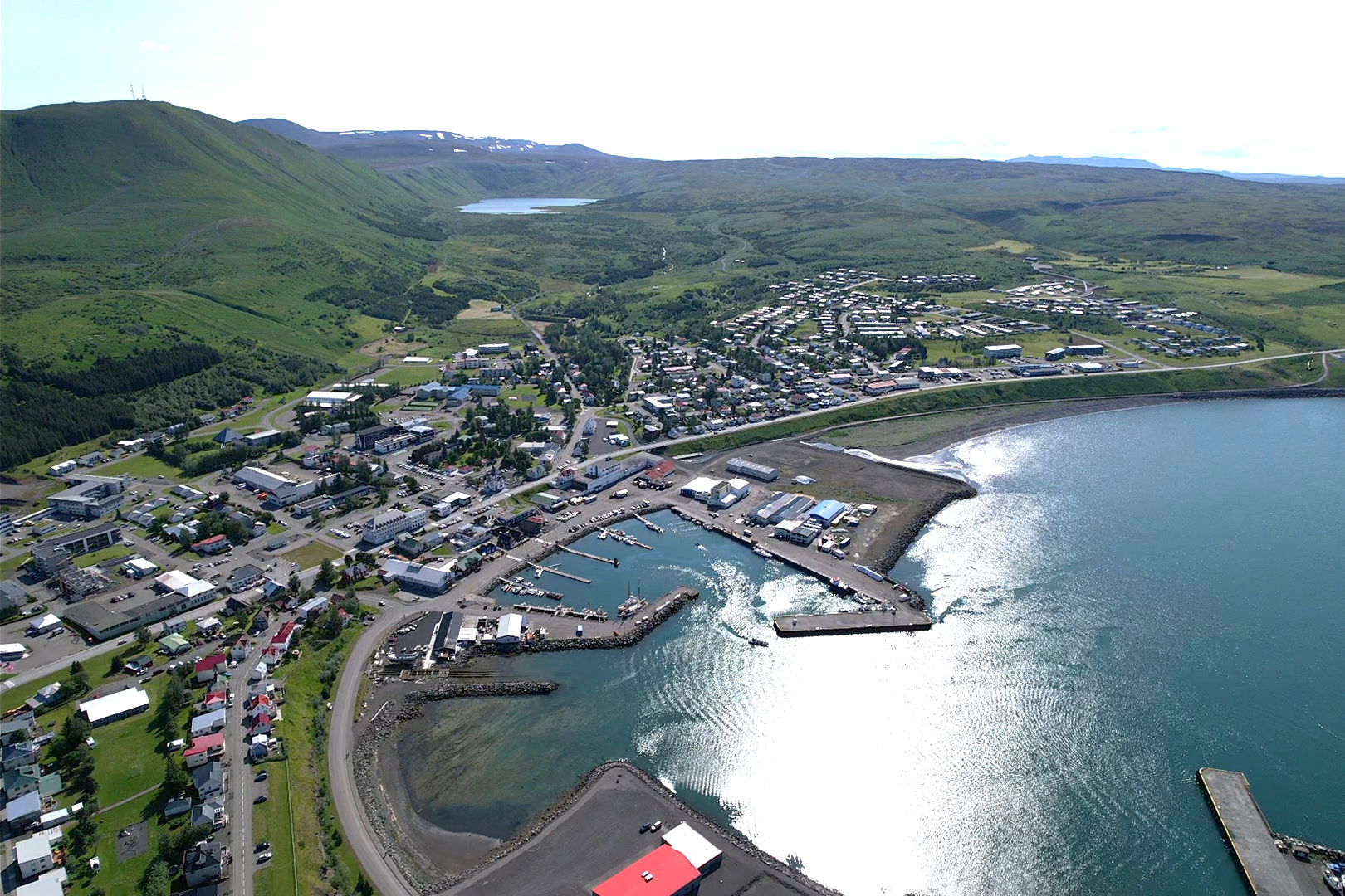 Húsavík in 2023 taken with a drone looking south
