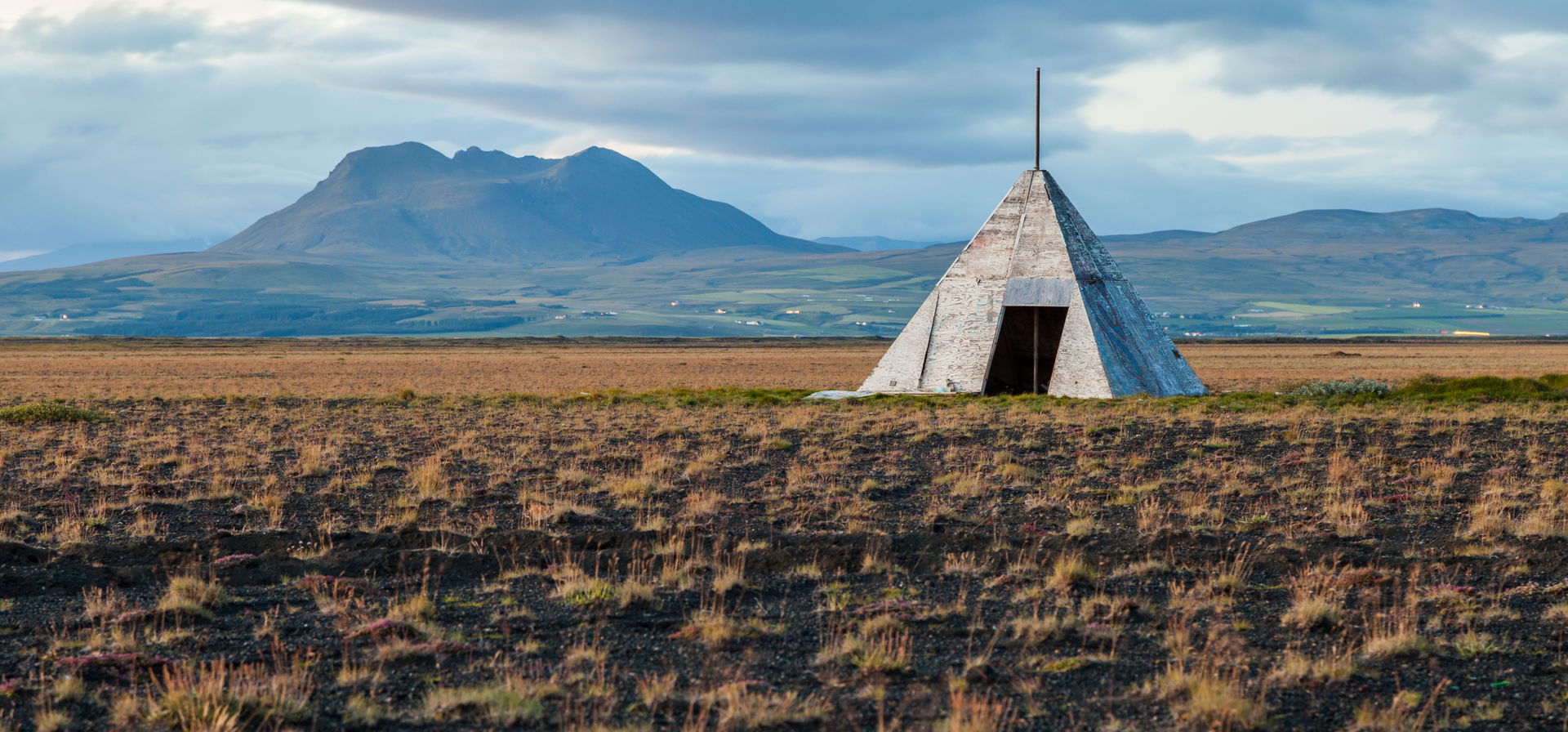 Farm building after sunset near Hvolsvöllur, Suðurland, Iceland.