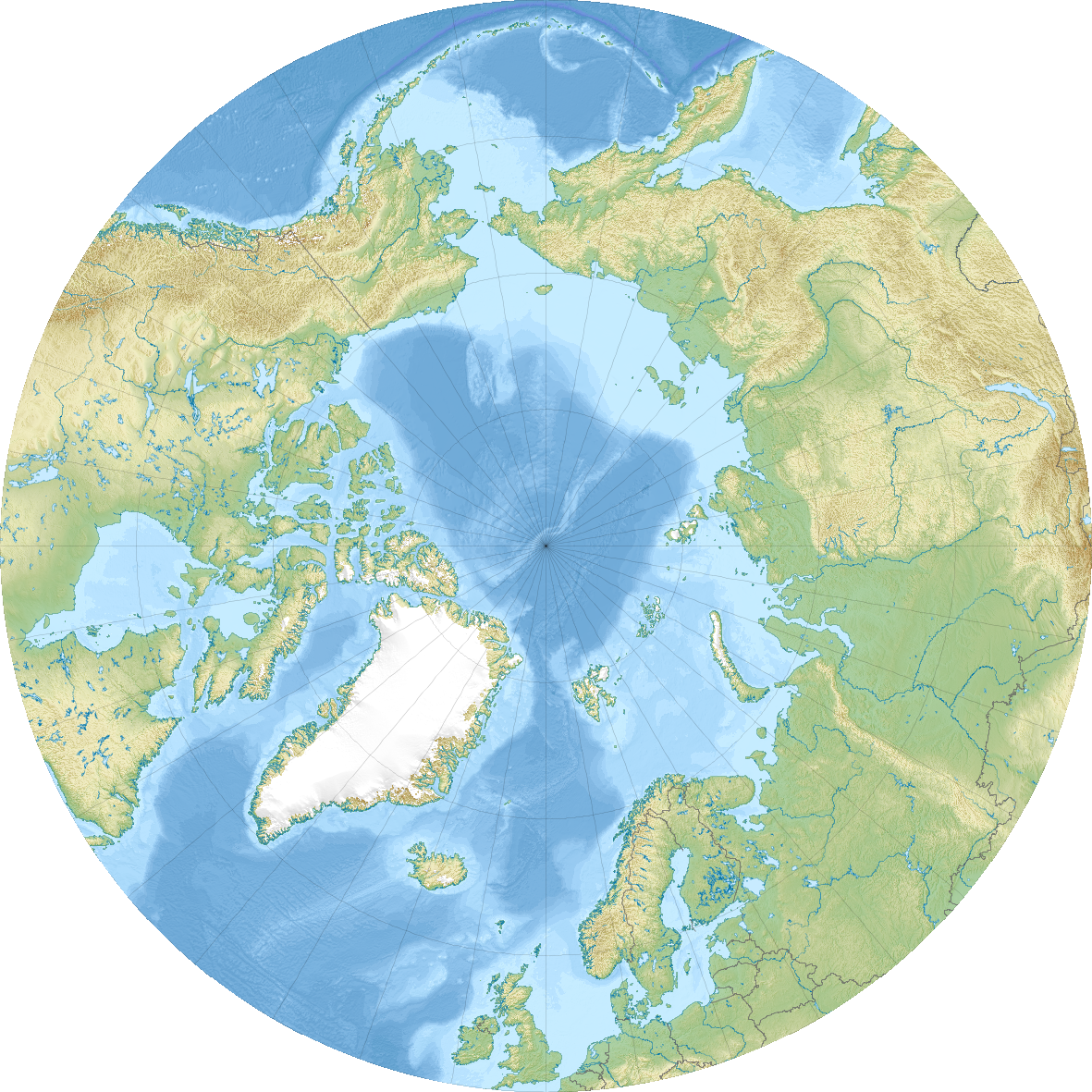 Relief location map of the Arctic Ocean.
Projection: Azimuthal …