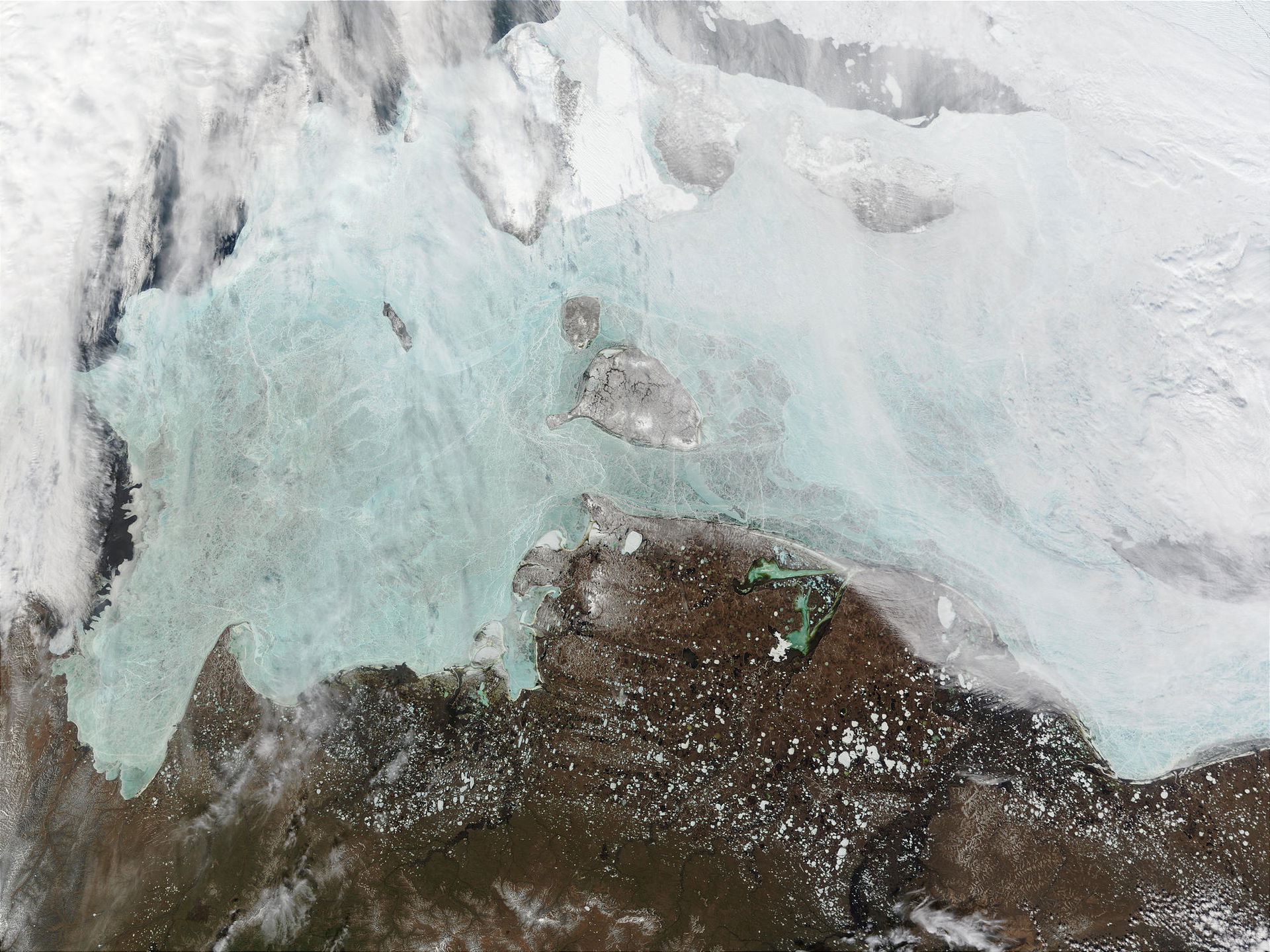 The winter sea ice in the Laptev Sea (on the left) and the East…