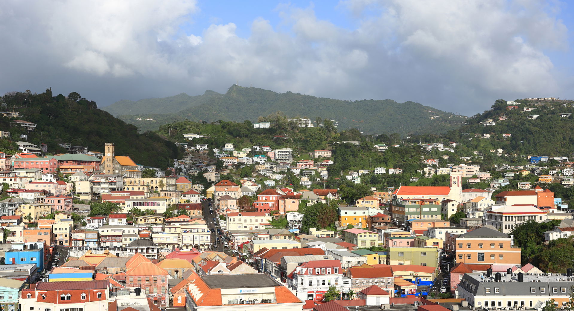 Late afternoon view of St. George's, Grenada, with the Catholic…