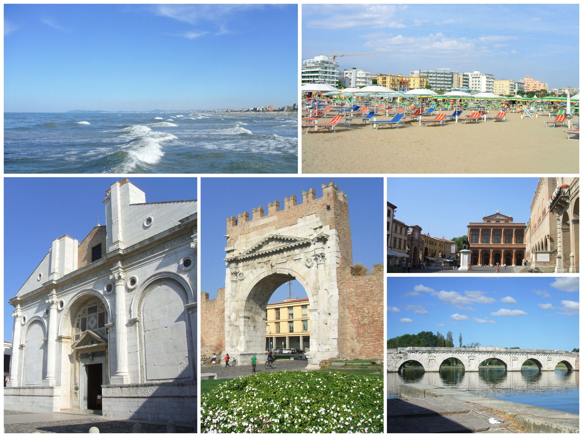 Montage of Rimini pictures: waterfront, beach, Malatesta Temple…