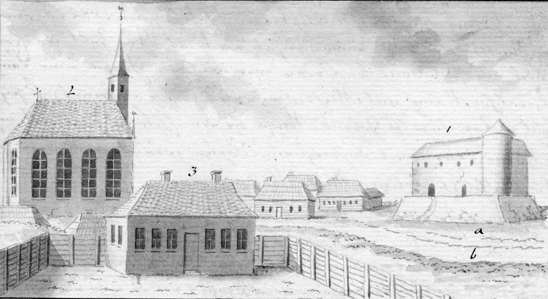 Ansicht der Stadt Lemsal von Norden im Jahr 1779. Rechts im Bil…