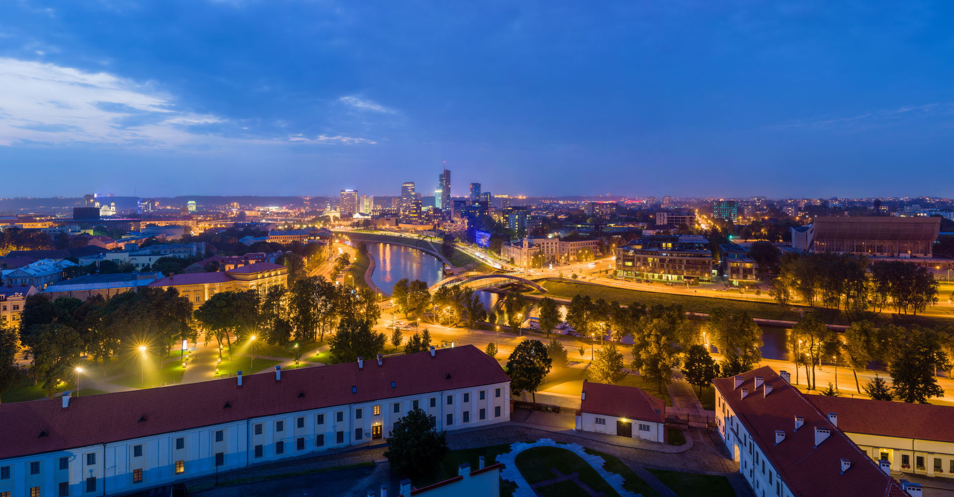 The modern skyline of Vilnius, Lithuania, as viewed at dusk fro…