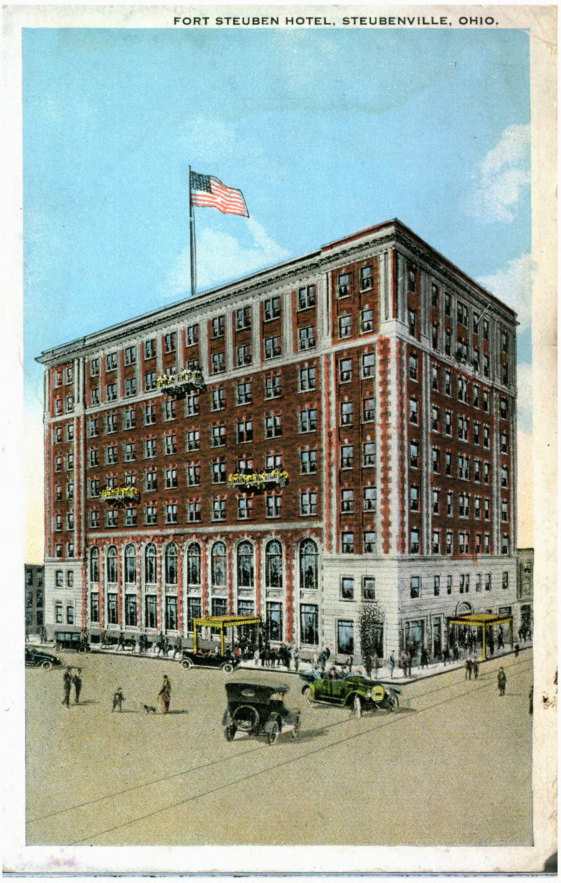 Colored print of large brick and stone building with automobile…