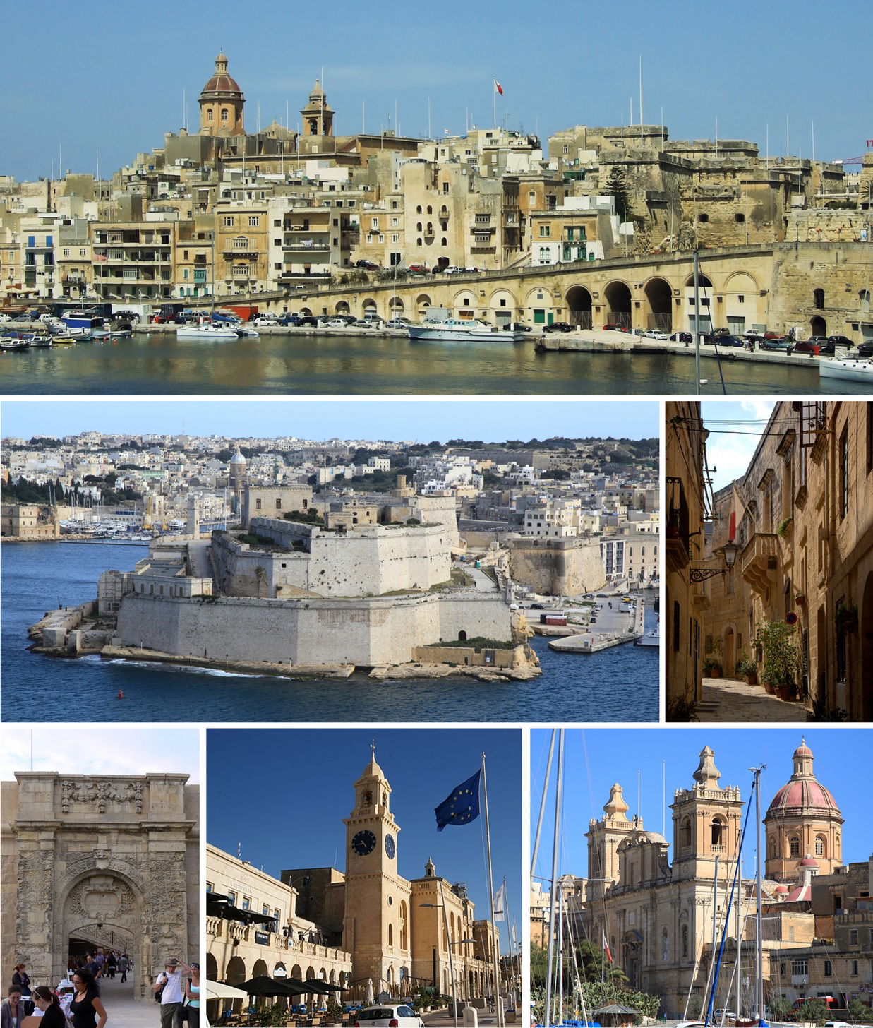 Montage of various landmarks in Birgu, Malta.