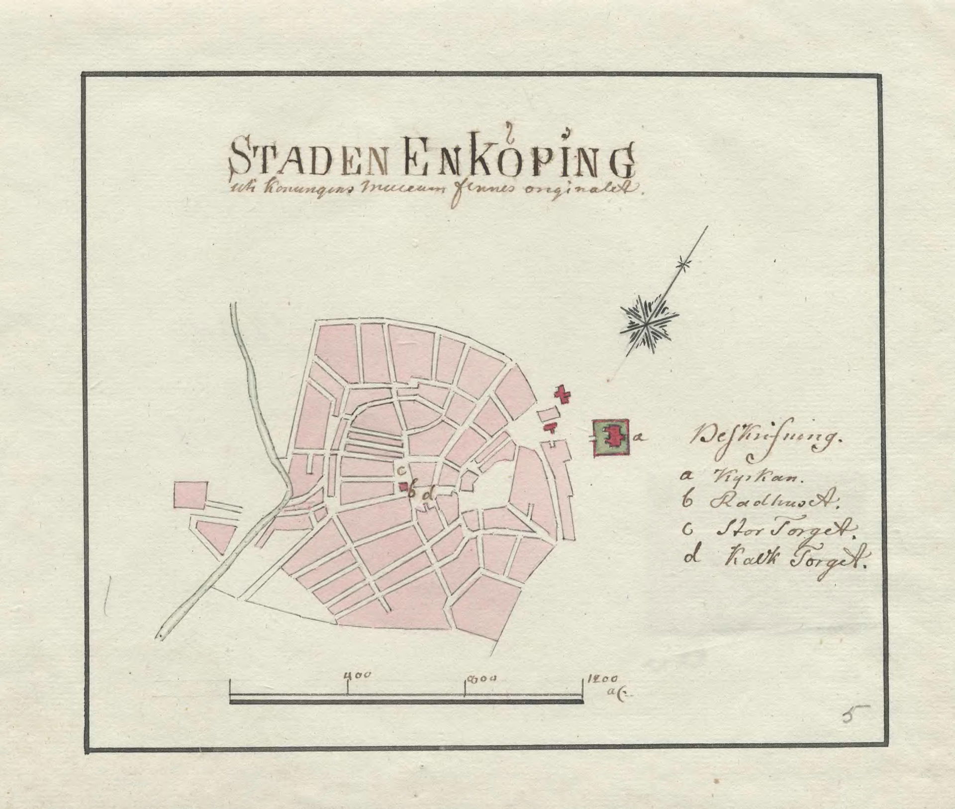 Hand drawn 18th century map of Enköping, Sweden