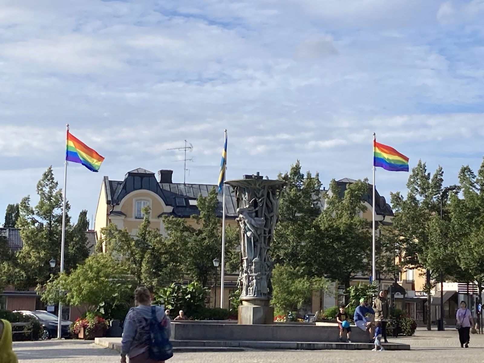 Pride flags at Stora torget (main square) during Enköping Pride…