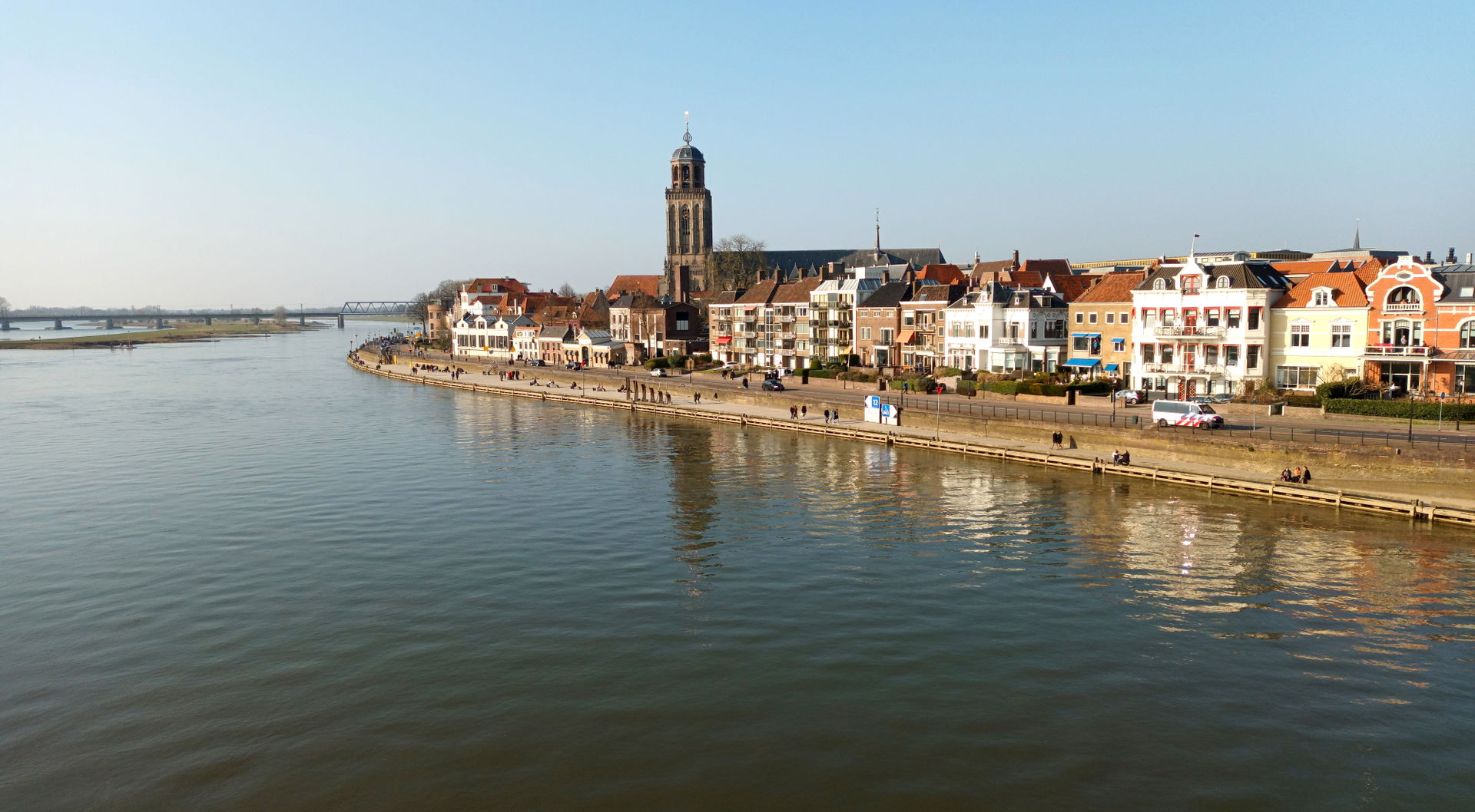 Riverfront view of Deventer, the Netherlands, showing the stree…