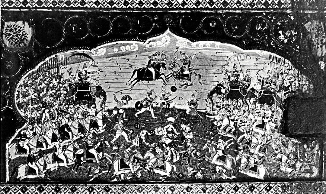 Full view of a mural depicting Akali Phula Singh atop an elepha…
